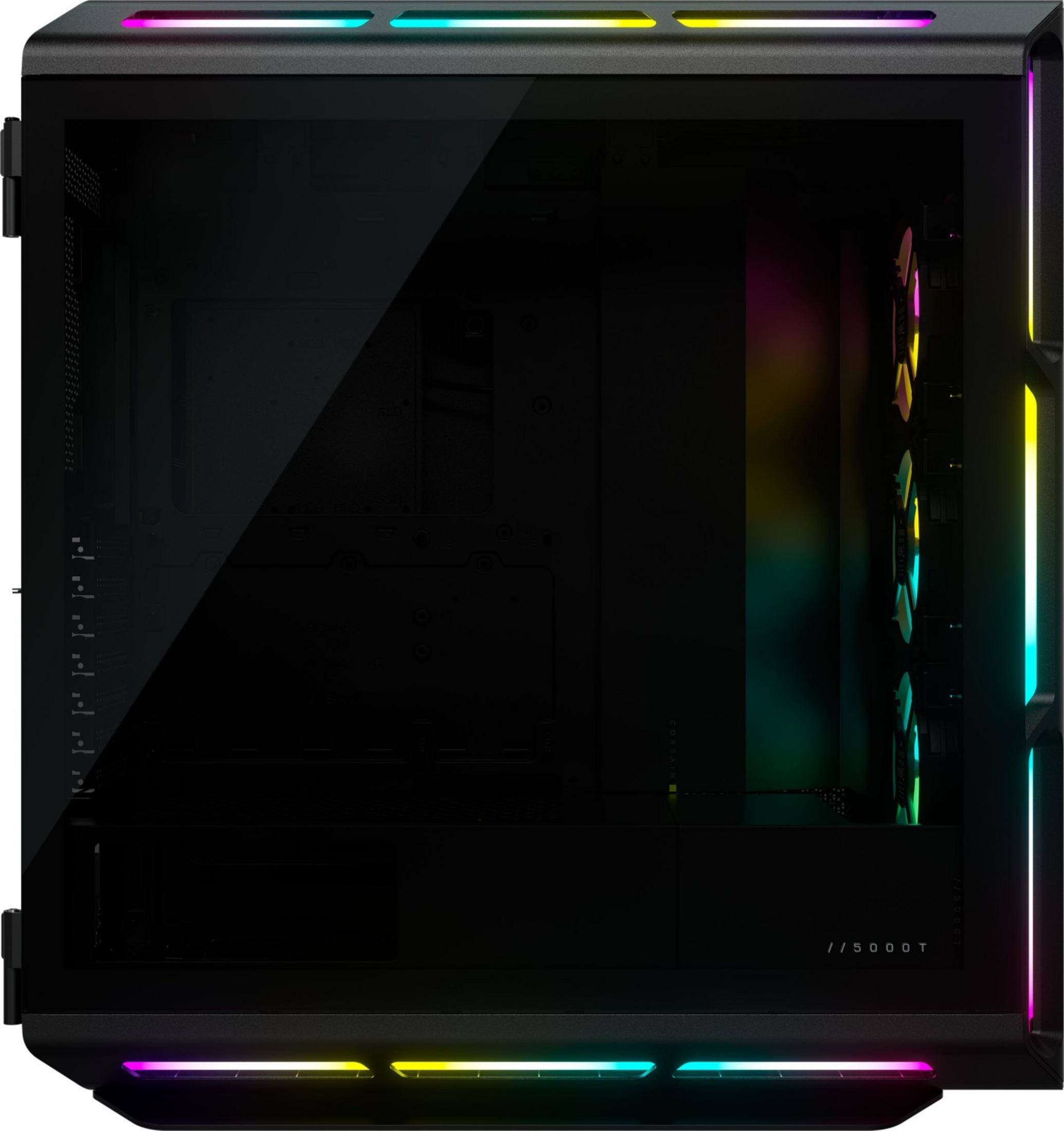 A black PC case with a glass front, featuring RGB lighting on top, bottom, and side.