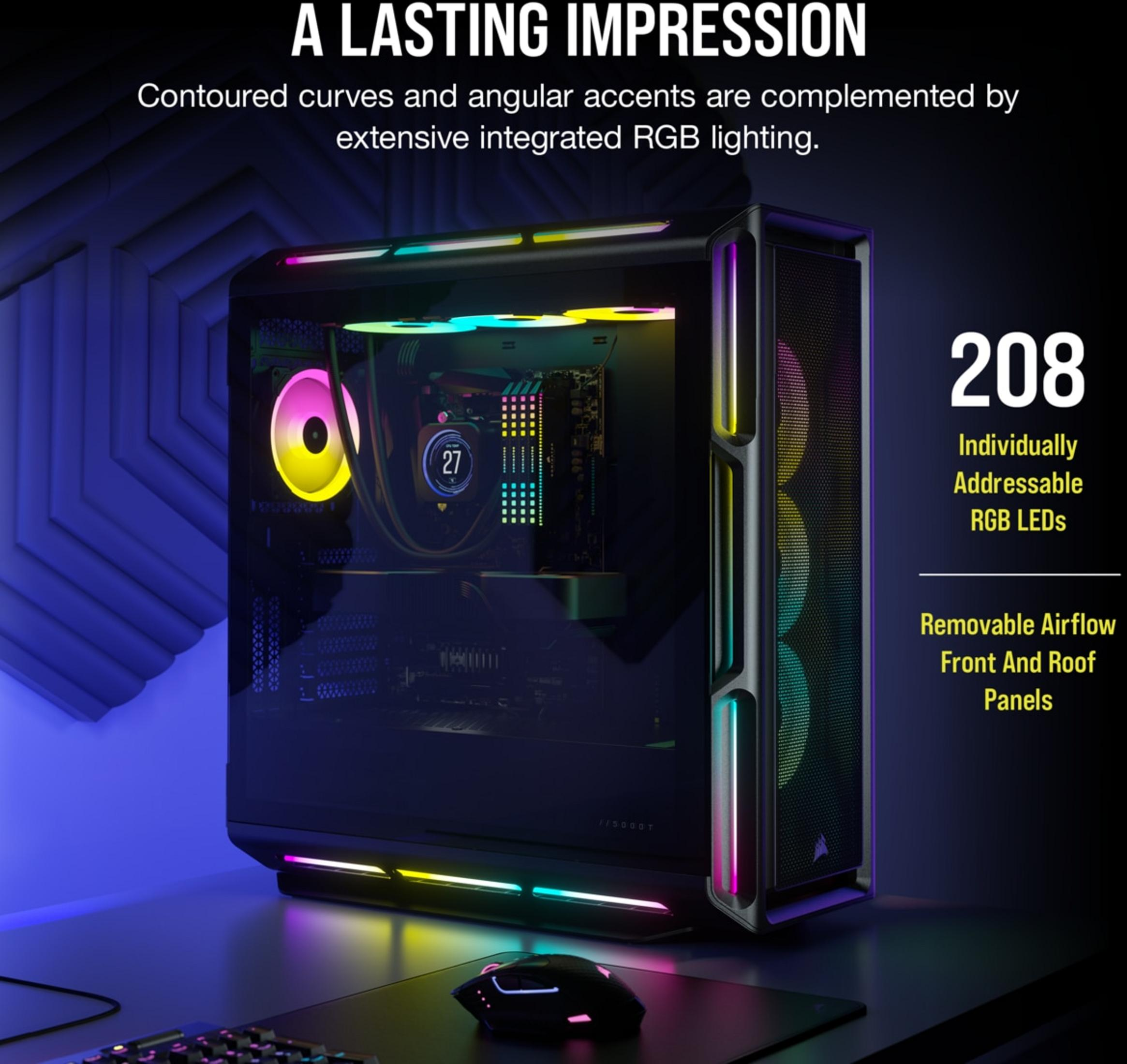 A modern PC case with RGB lighting, fans, and a digital display showing 27°C.