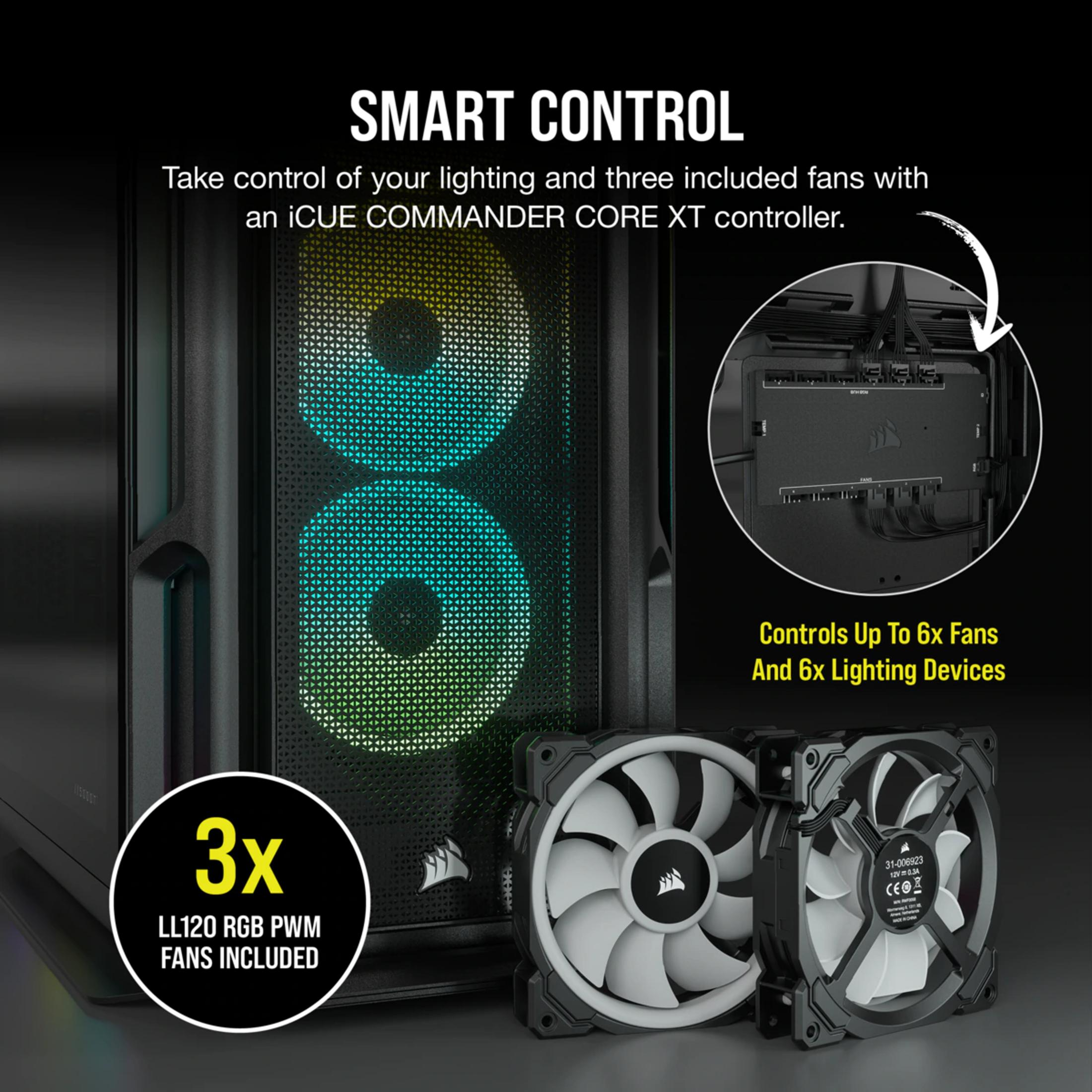 A PC case with RGB fans and a controller.