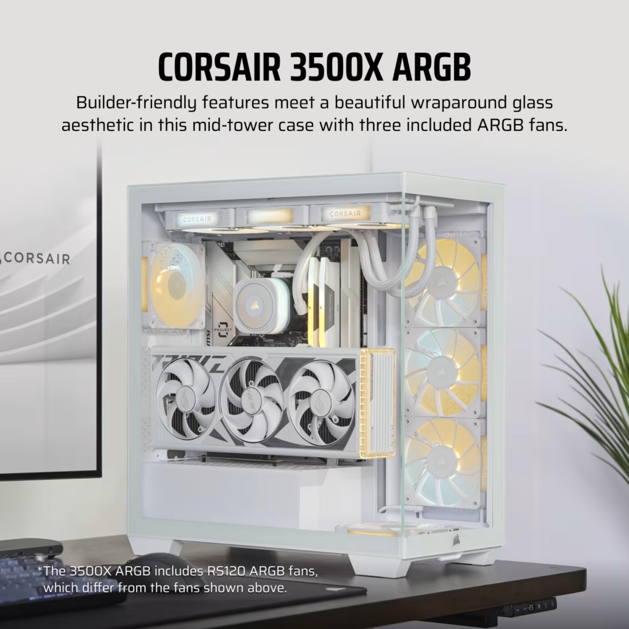 Caja de PC Corsair blanca con frontal de cristal y ventiladores ARGB.