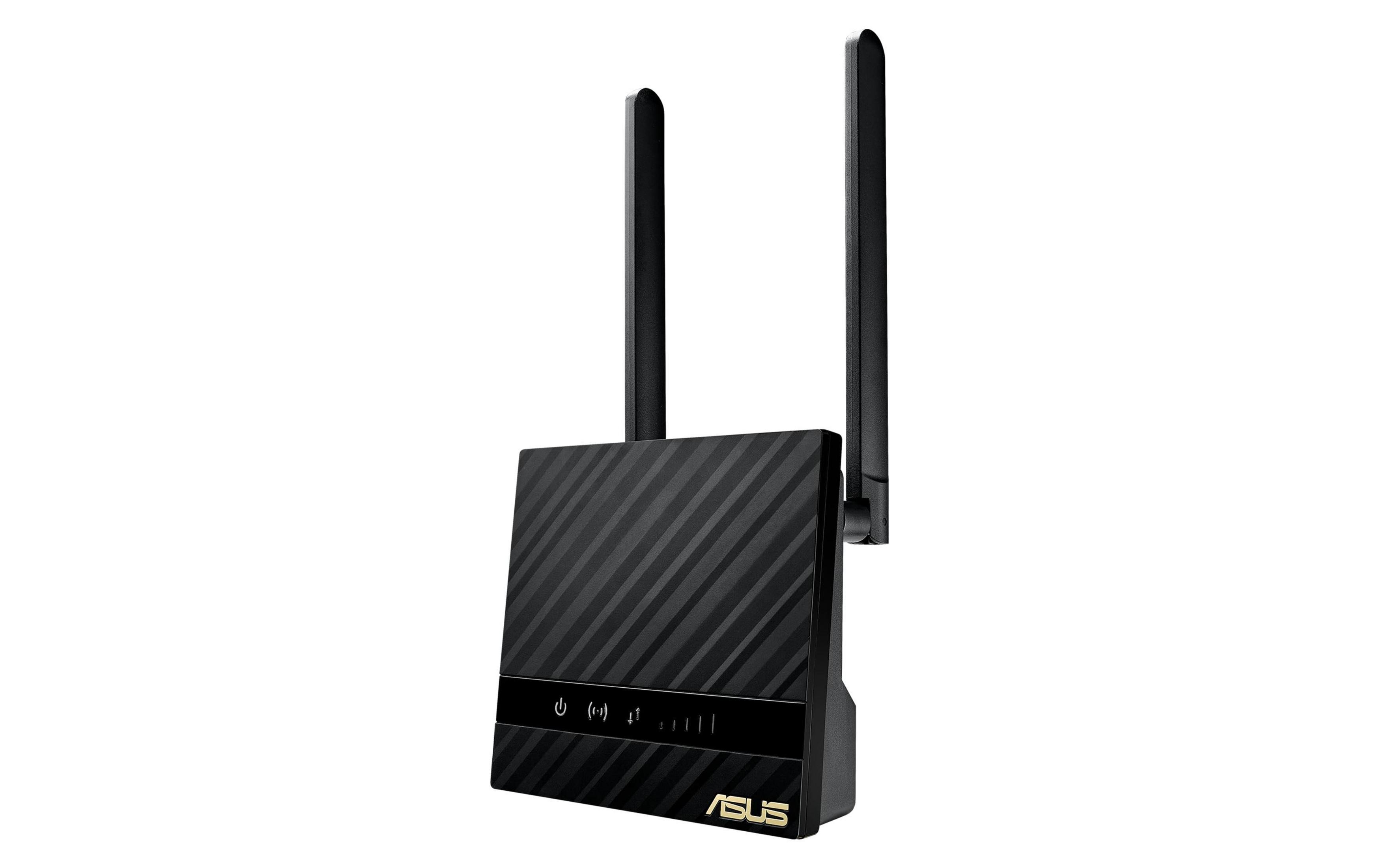 Czarny router Asus z dwiema antenami i wskaźnikami stanu na białym tle.