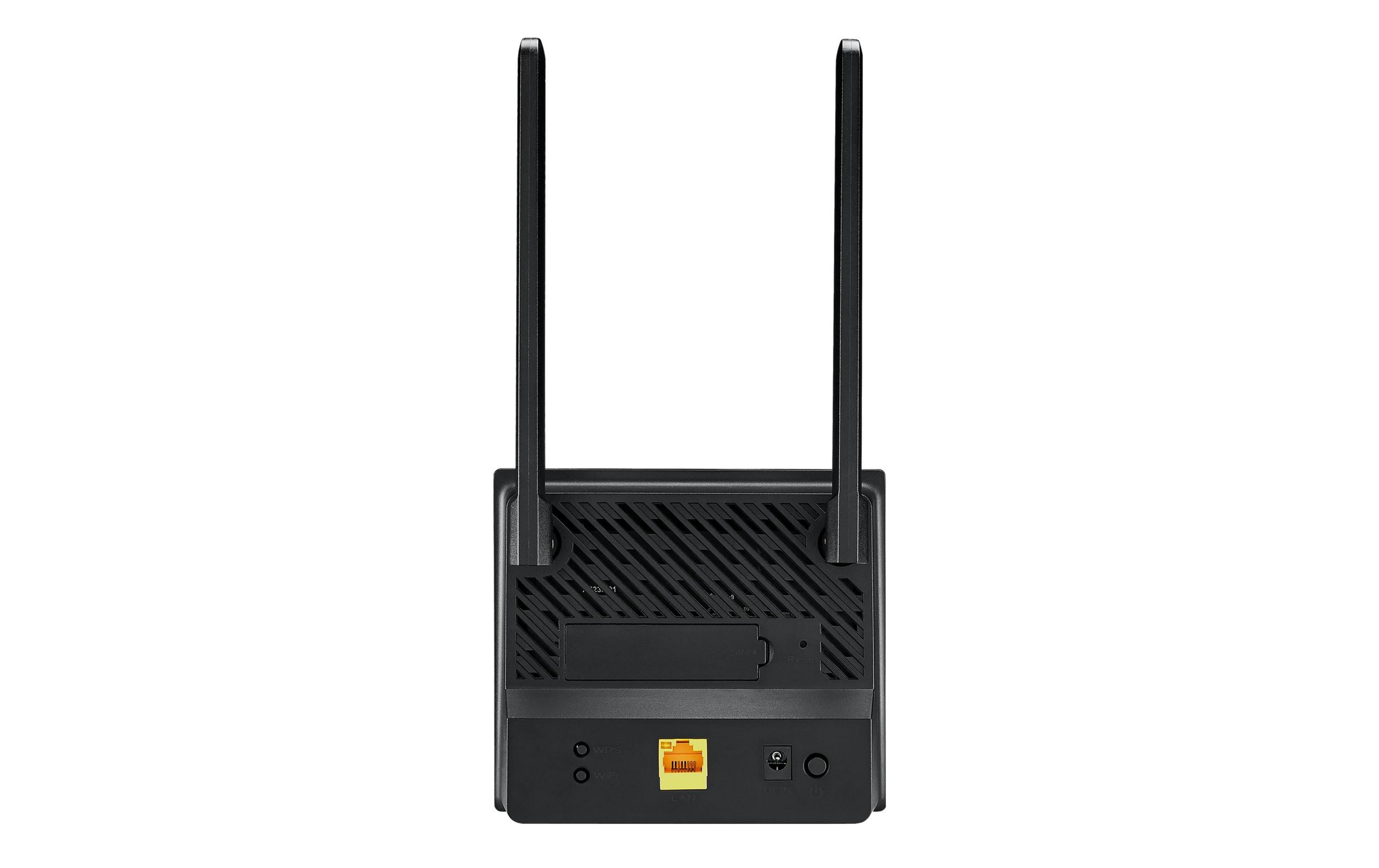 Czarny router z dwiema antenami i portami z tyłu.