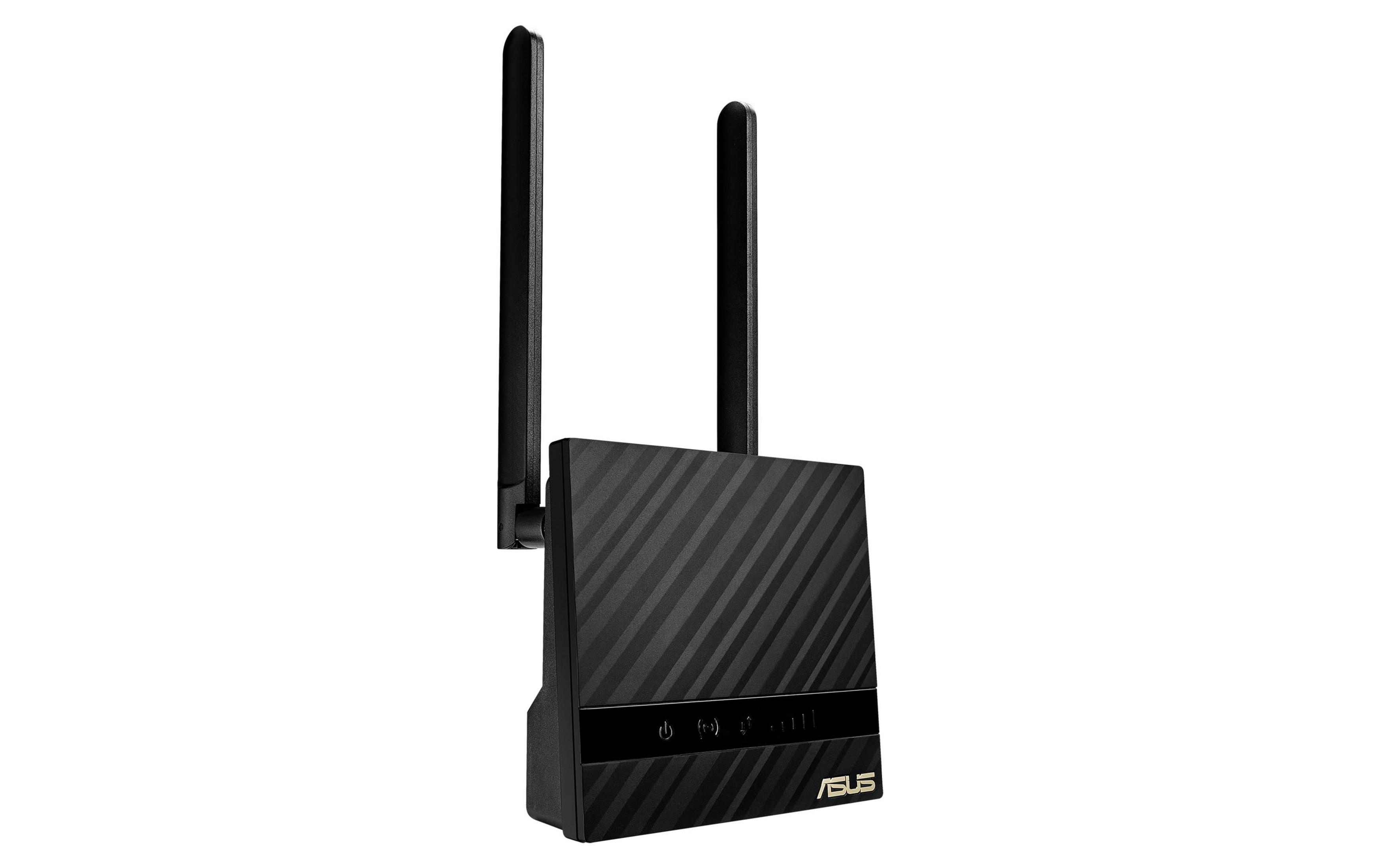 Czarny router ASUS z dwiema antenami i kontrolkami.