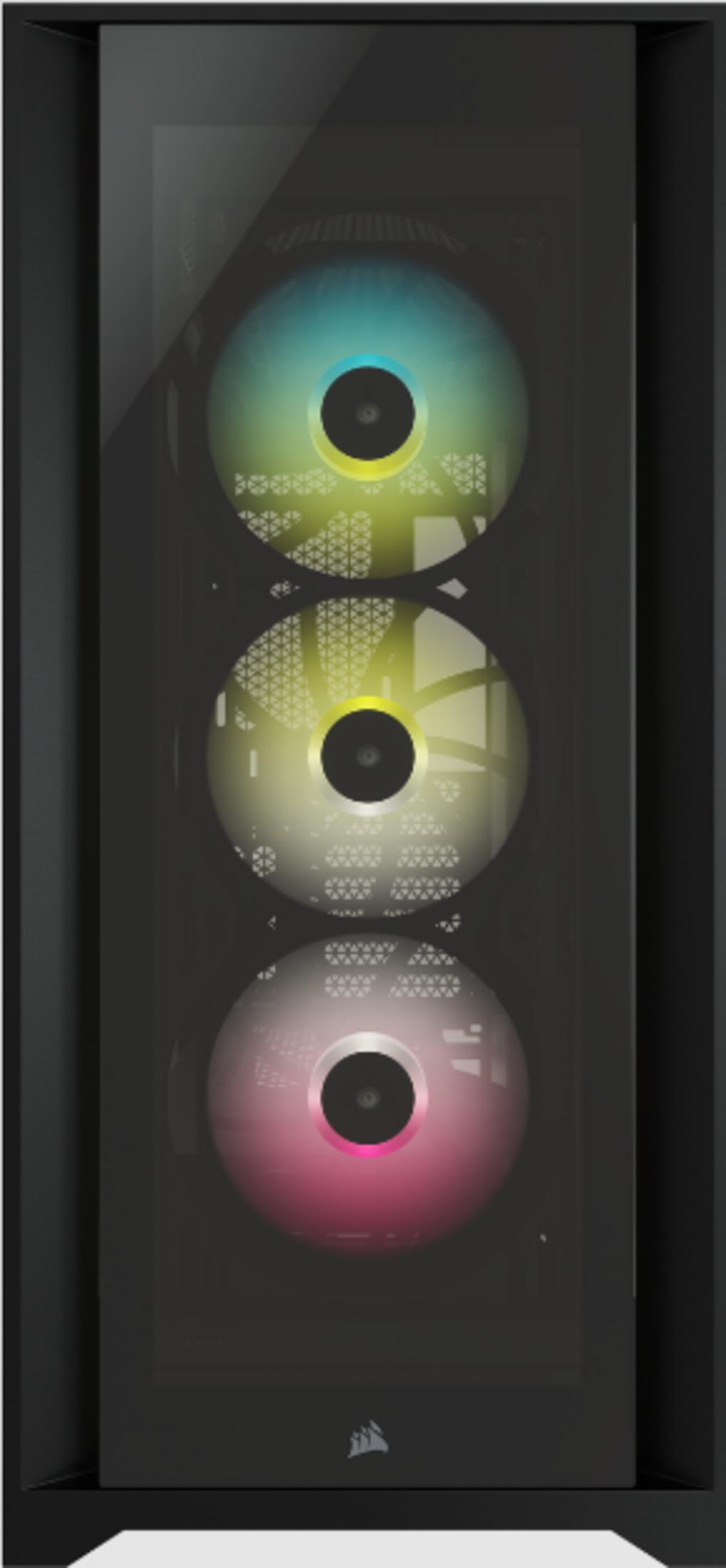 Czarna obudowa komputera z trzema podświetlanymi wentylatorami: niebiesko-żółty, żółty, różowy.