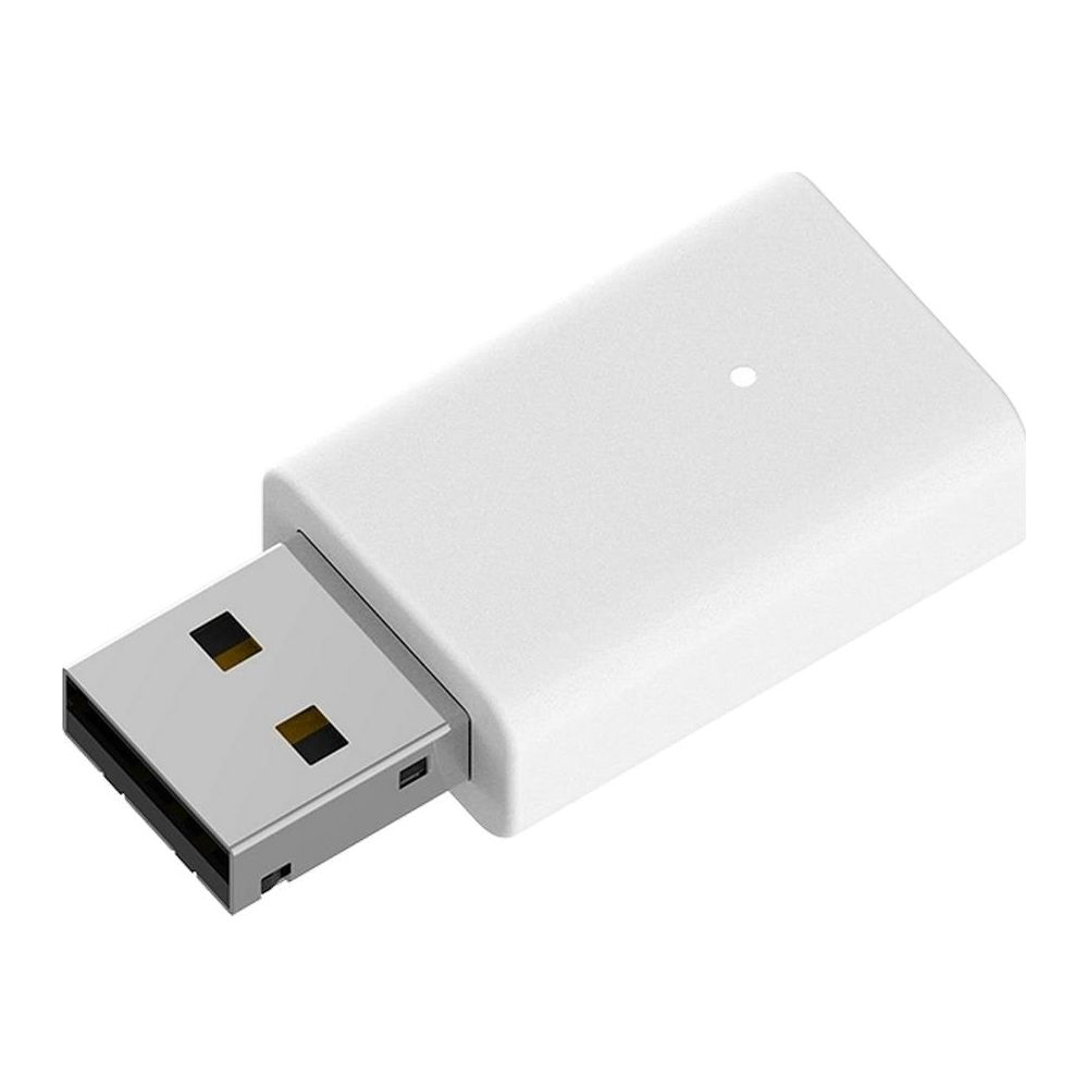 A small, white USB adapter with a silver connector and a small light dot.