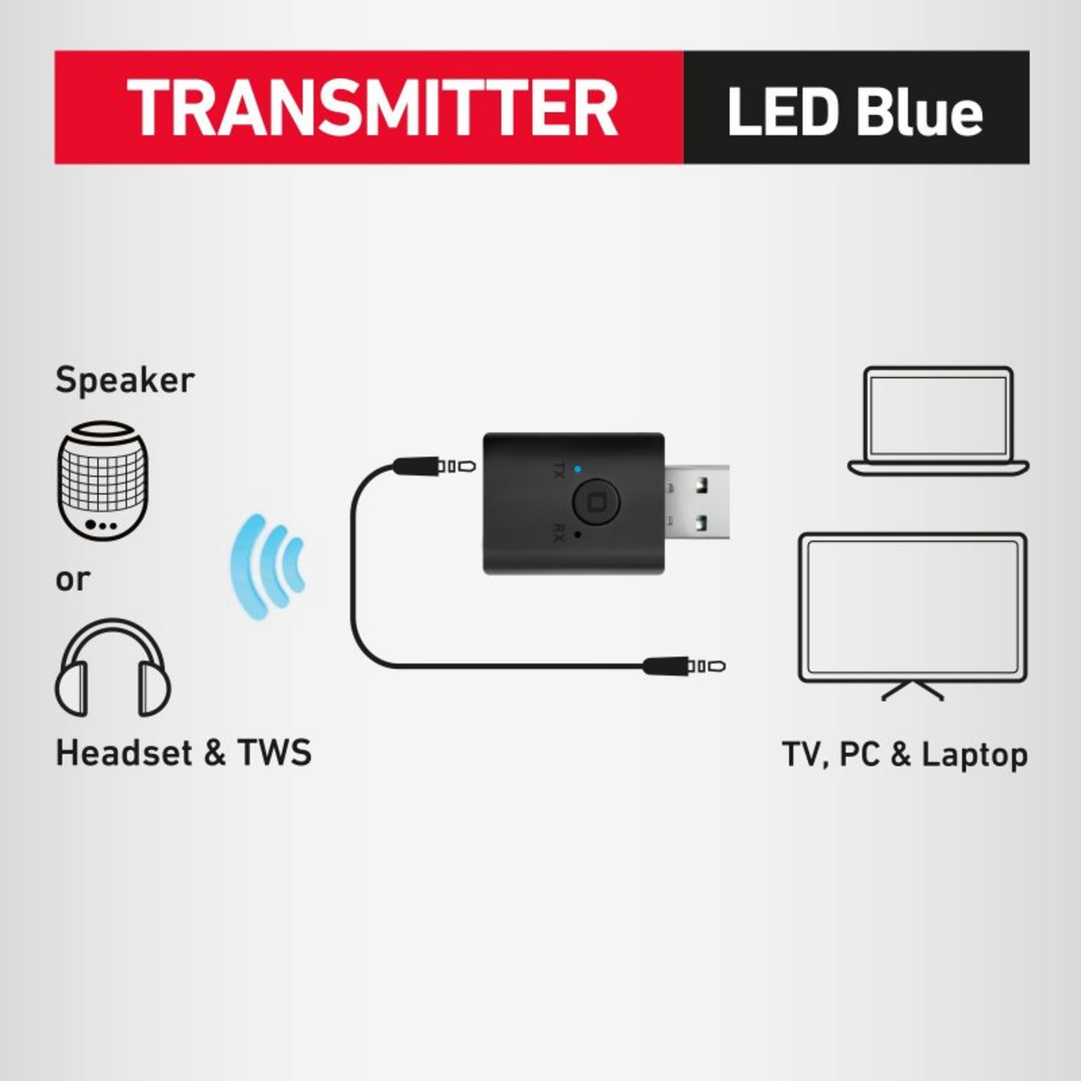 Un transmisor USB negro con cables se conecta a altavoces, auriculares, TV, PC y portátiles.