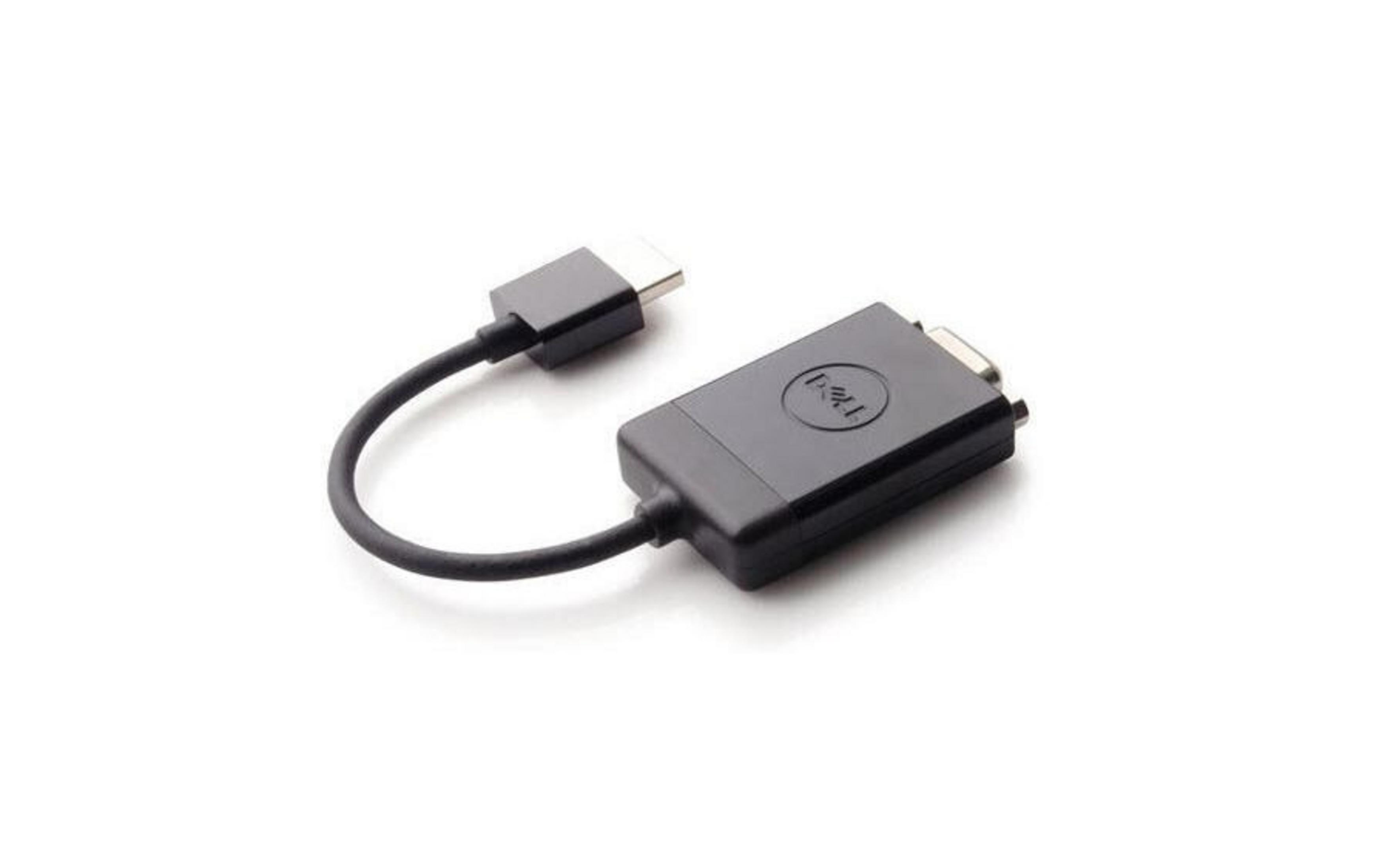 Adattatore Dell nero con connettori USB-C e VGA su sfondo bianco.