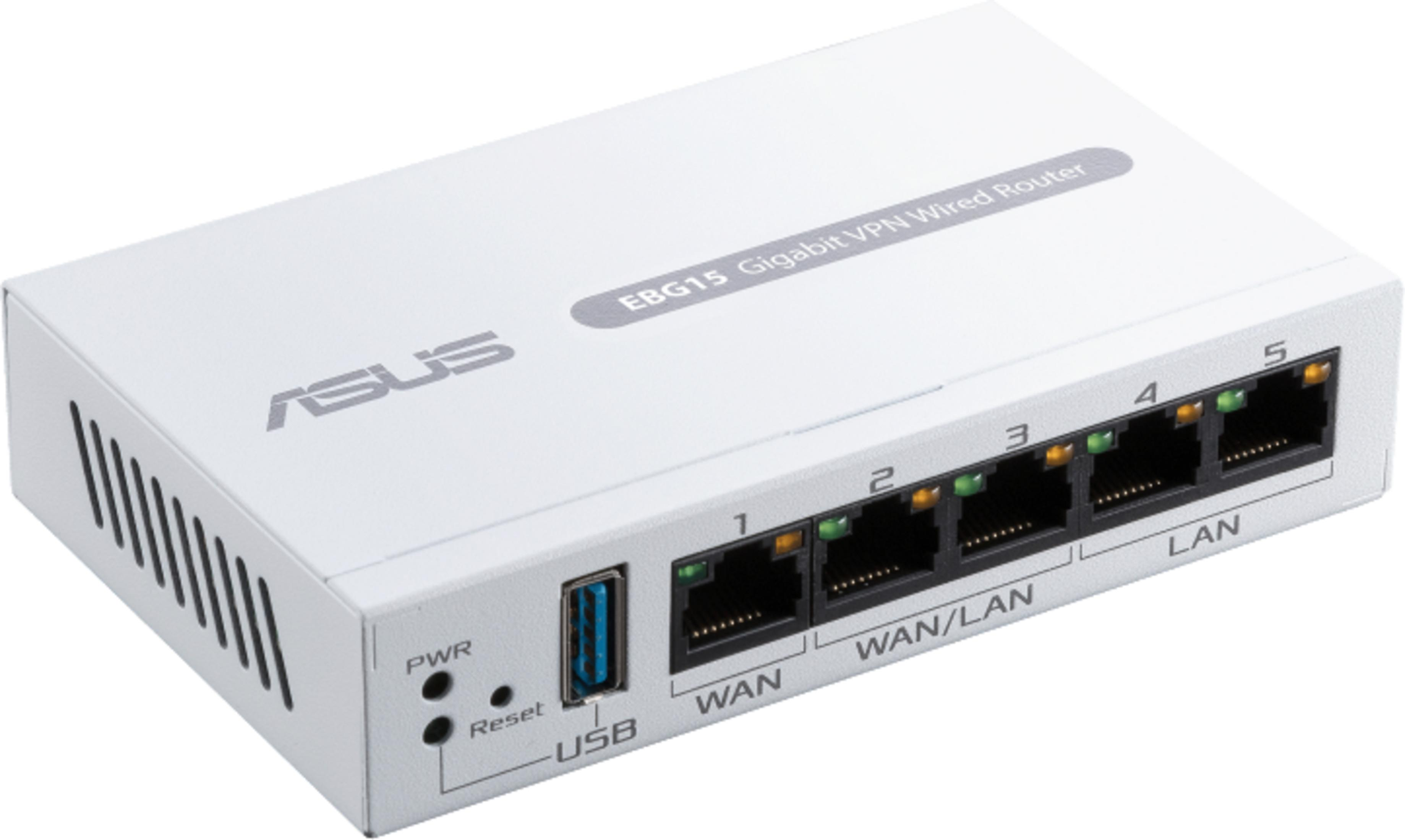 Ein weißer ASUS Gigabit VPN Router mit fünf LAN-Anschlüssen.