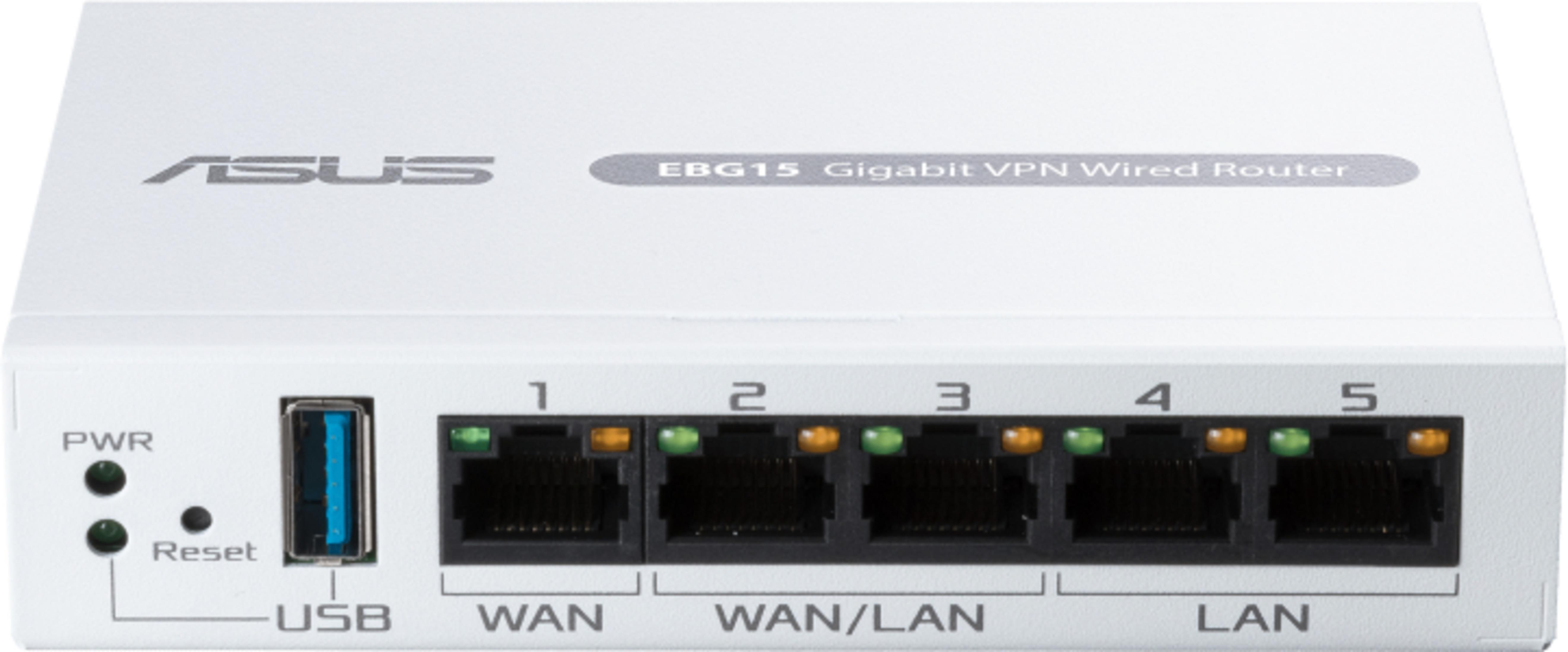 Weißer ASUS EBG15 Gigabit VPN Router mit USB-Anschluss und 5 LAN-Anschlüssen.