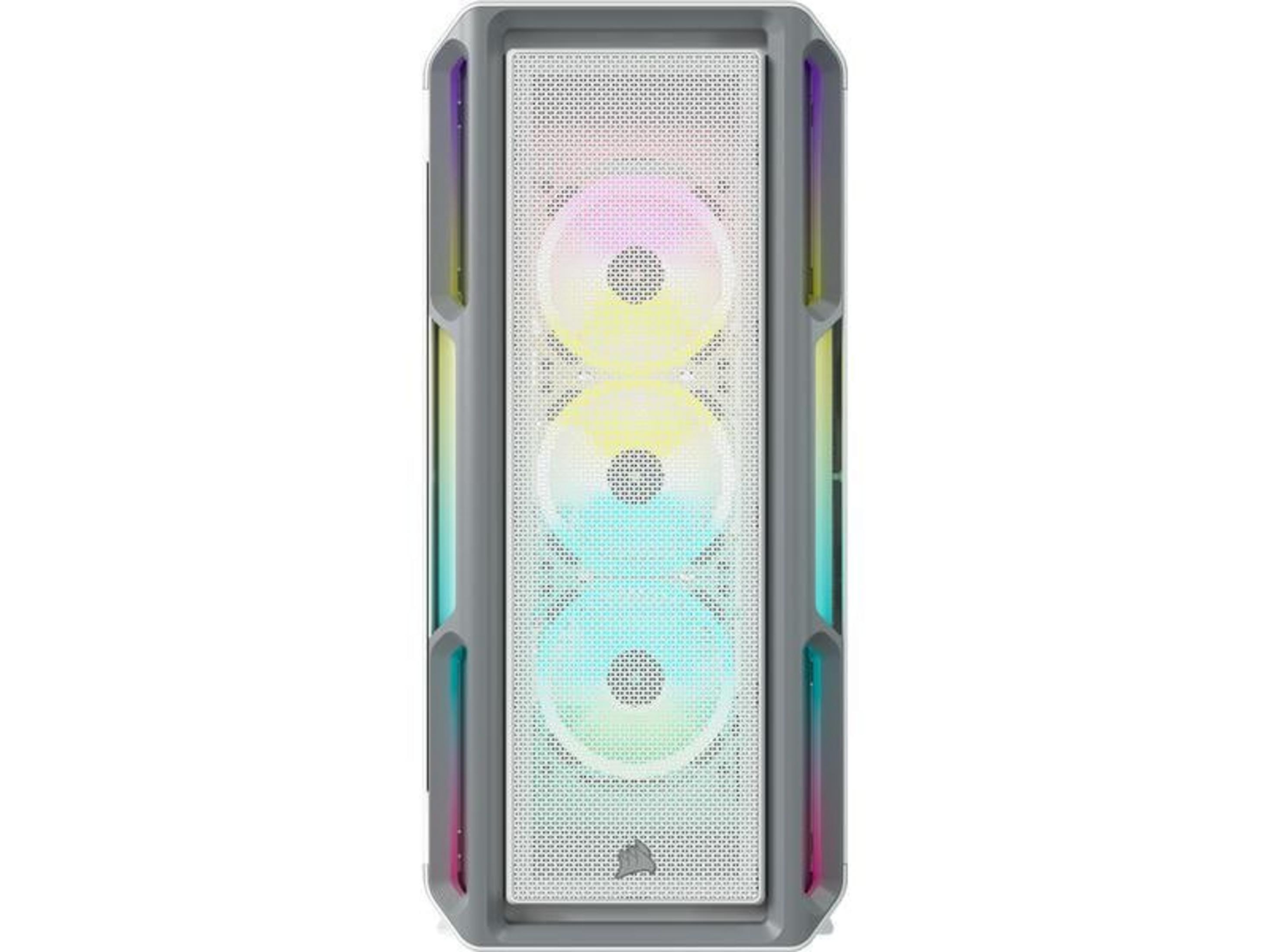 Szara obudowa komputera z trzema wentylatorami RGB i siatkowym panelem.