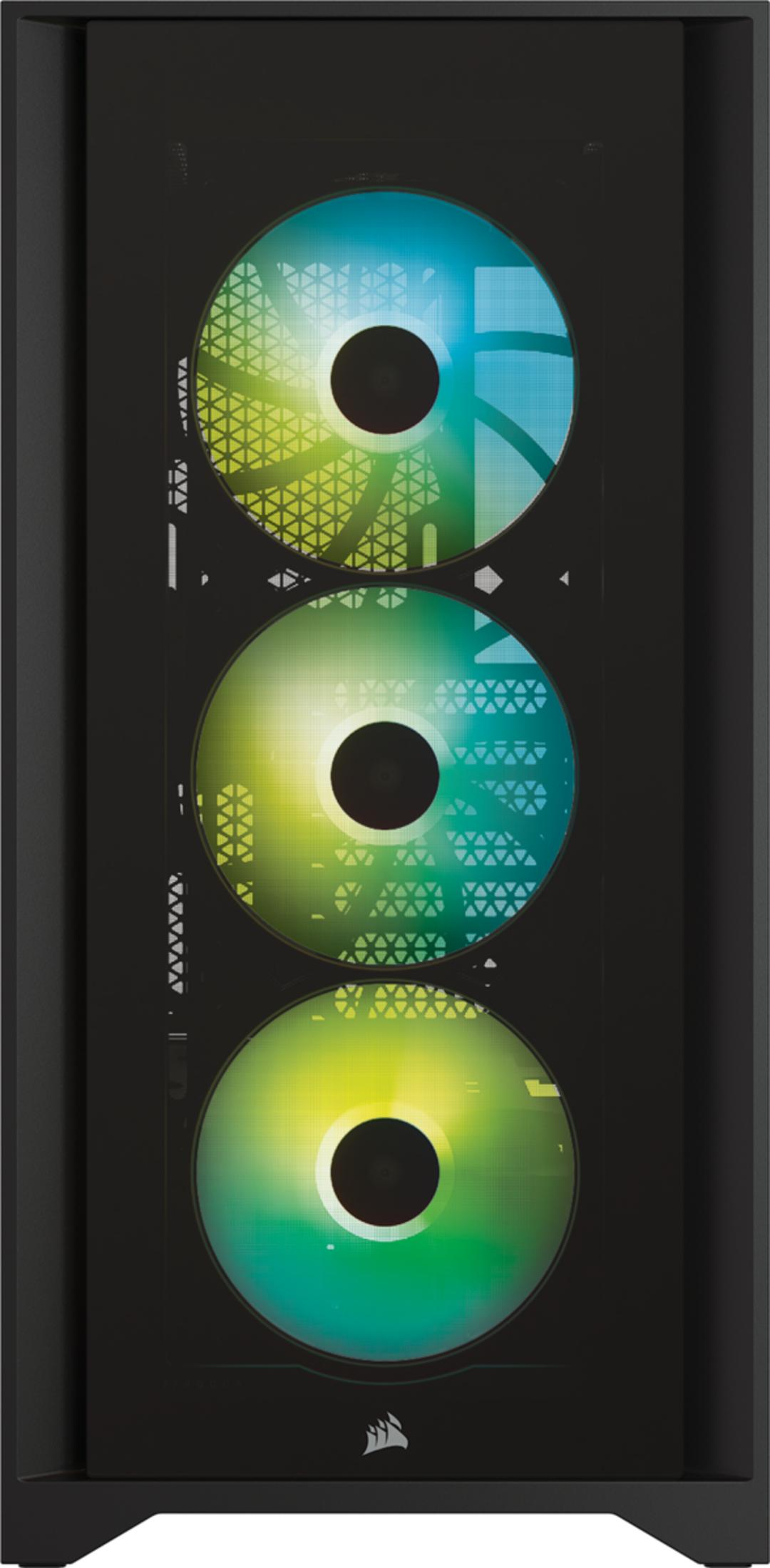 Czarna obudowa komputera z trzema podświetlanymi wentylatorami w odcieniach niebieskiego, zieleni i żółci.