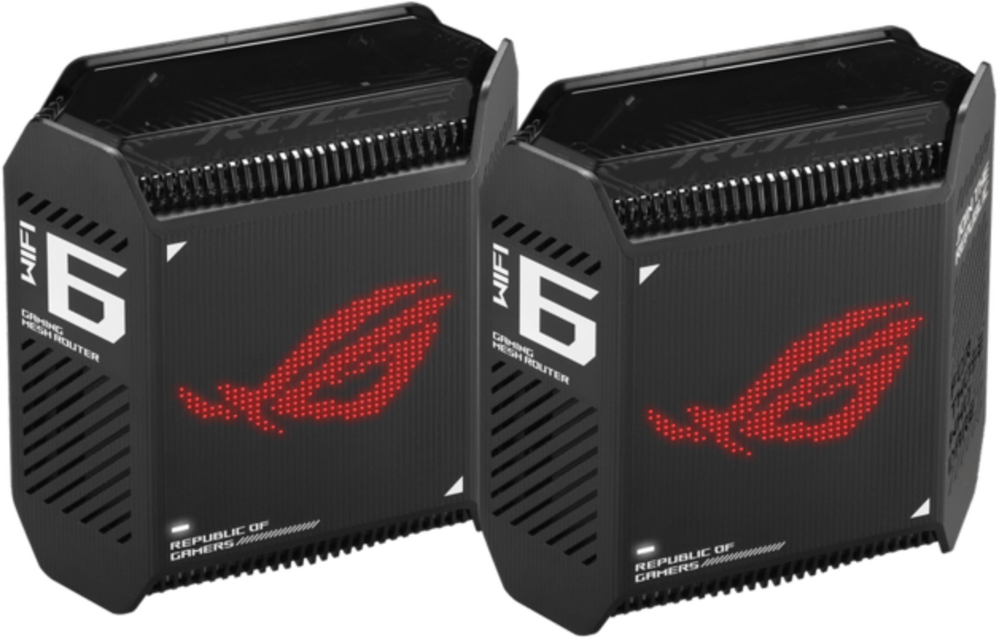Dos routers mesh negros con logo ROG y marca WiFi 6.