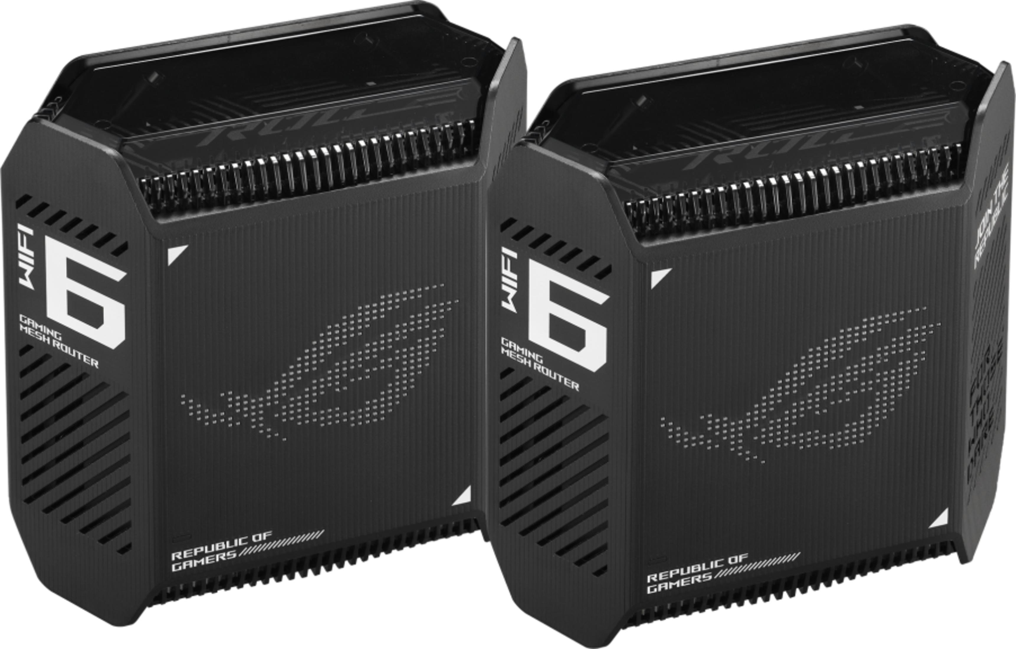 Dos routers negros, rectangulares, de malla para