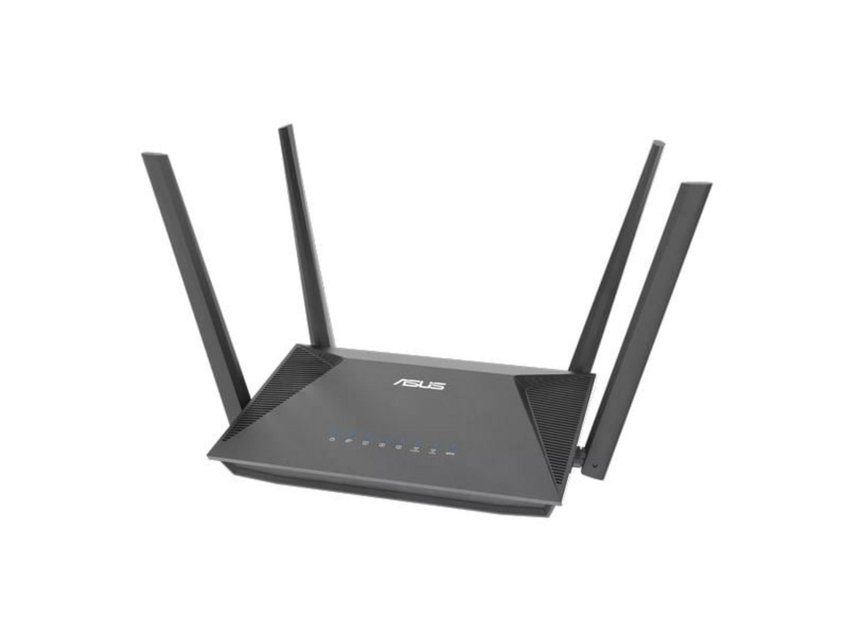 Czarny router Wi-Fi Asus z czterema antenami na białym tle.