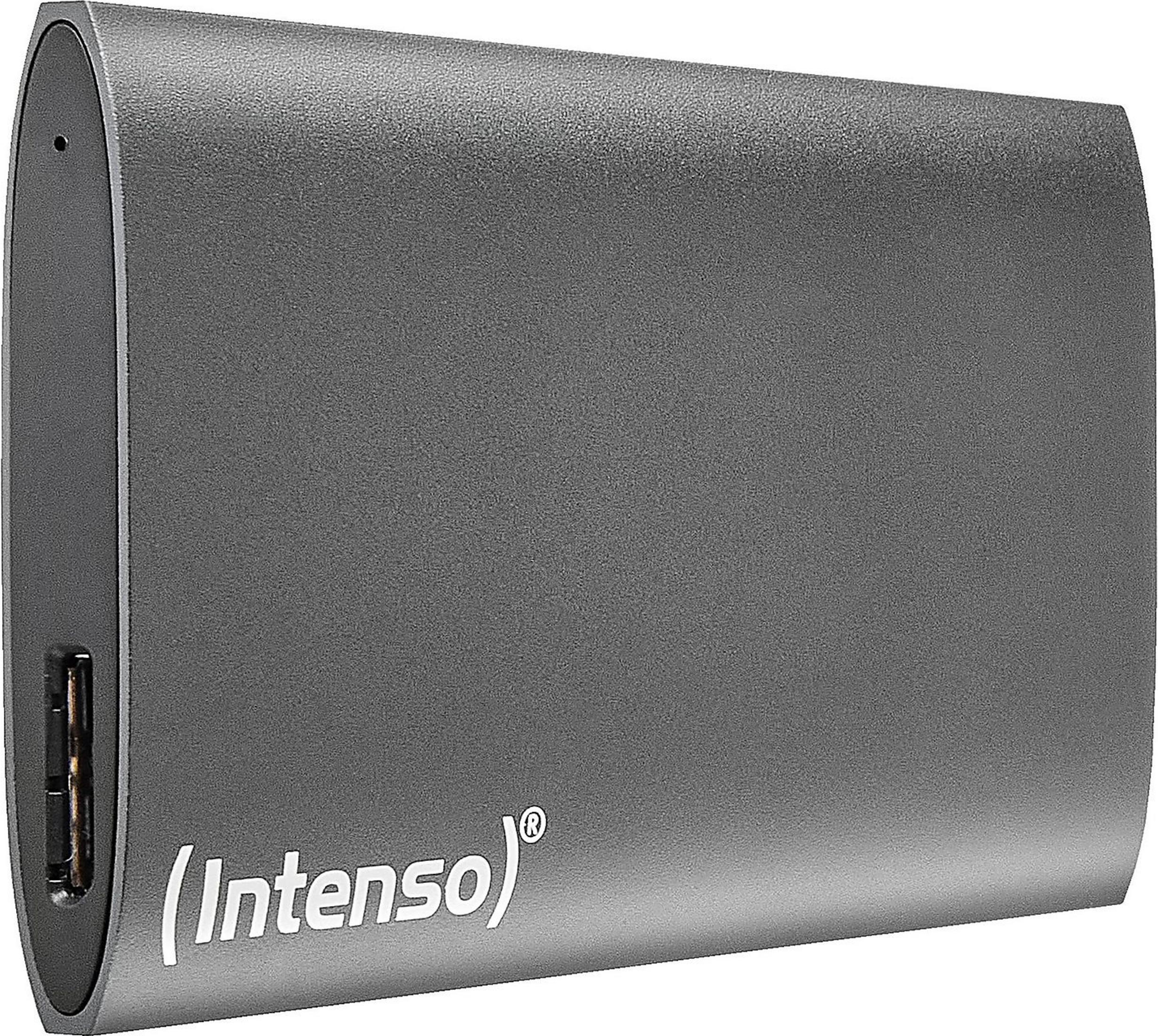 Szary dysk zewnętrzny z portem USB i logo Intenso.