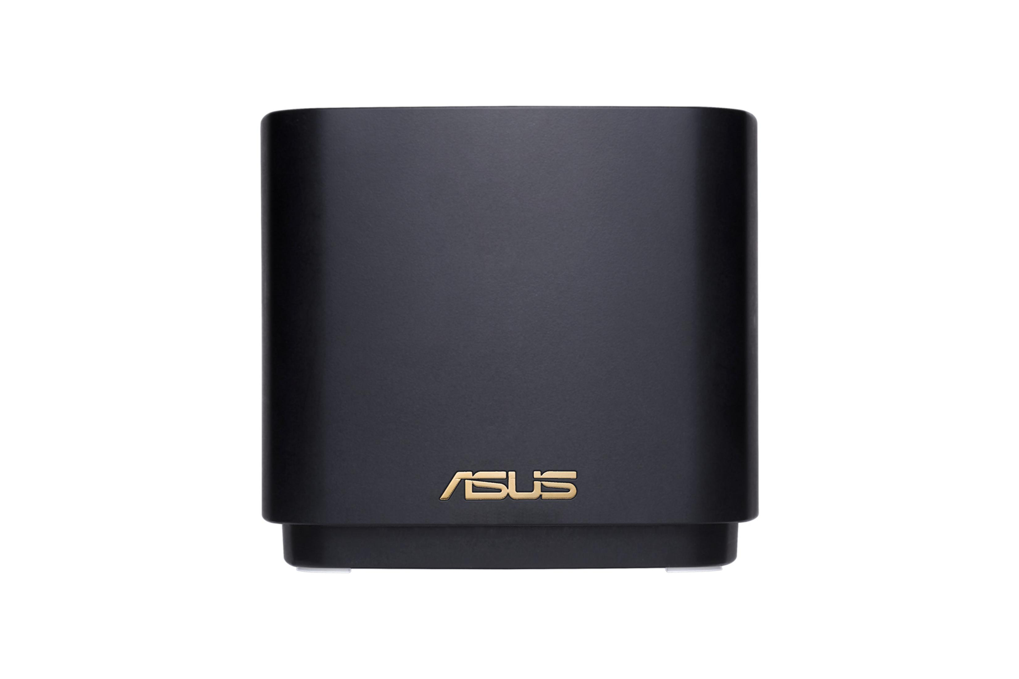 Un router Asus negro con logo dorado, aislado sobre fondo blanco.