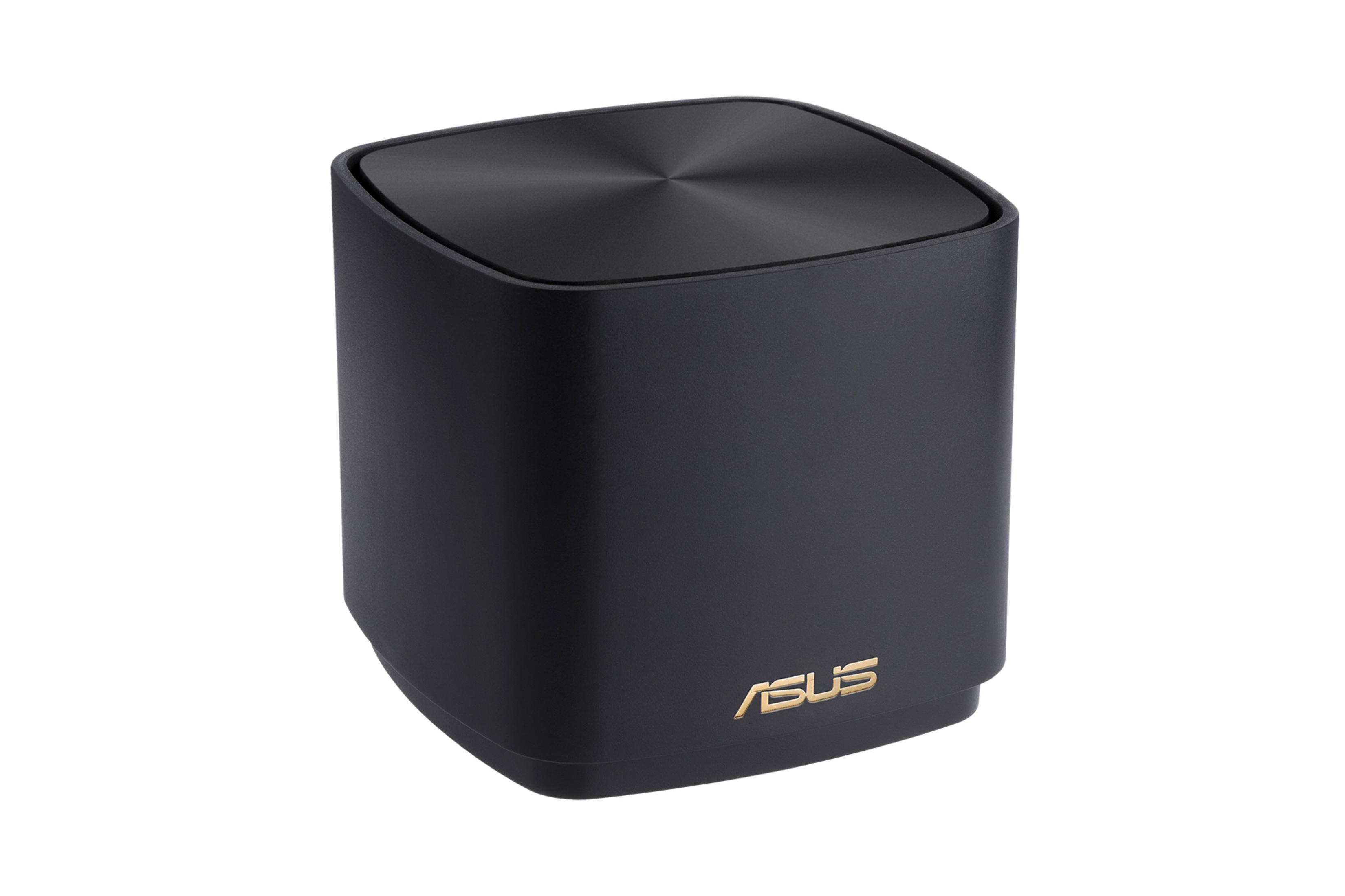 Un router ASUS negro con tapa redonda y logo dorado.