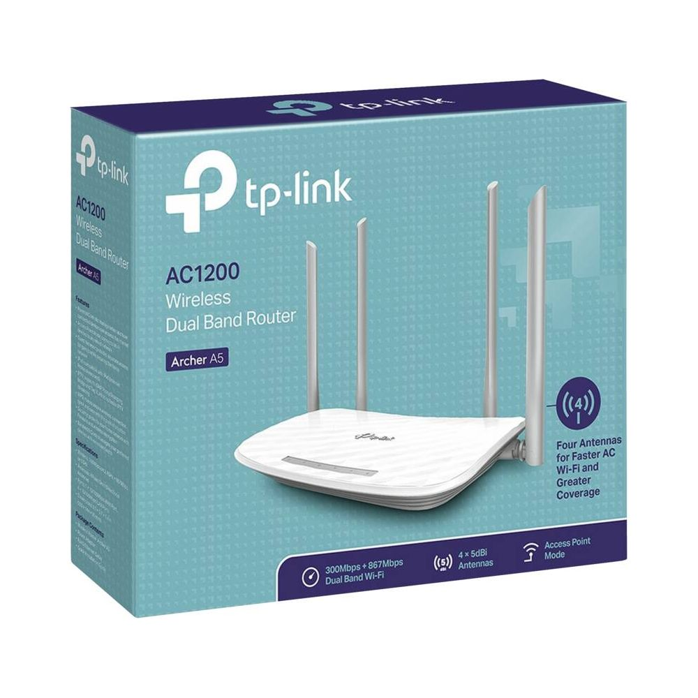 Router TP-Link Archer A5 na niebieskim pudełku z czterema antenami.