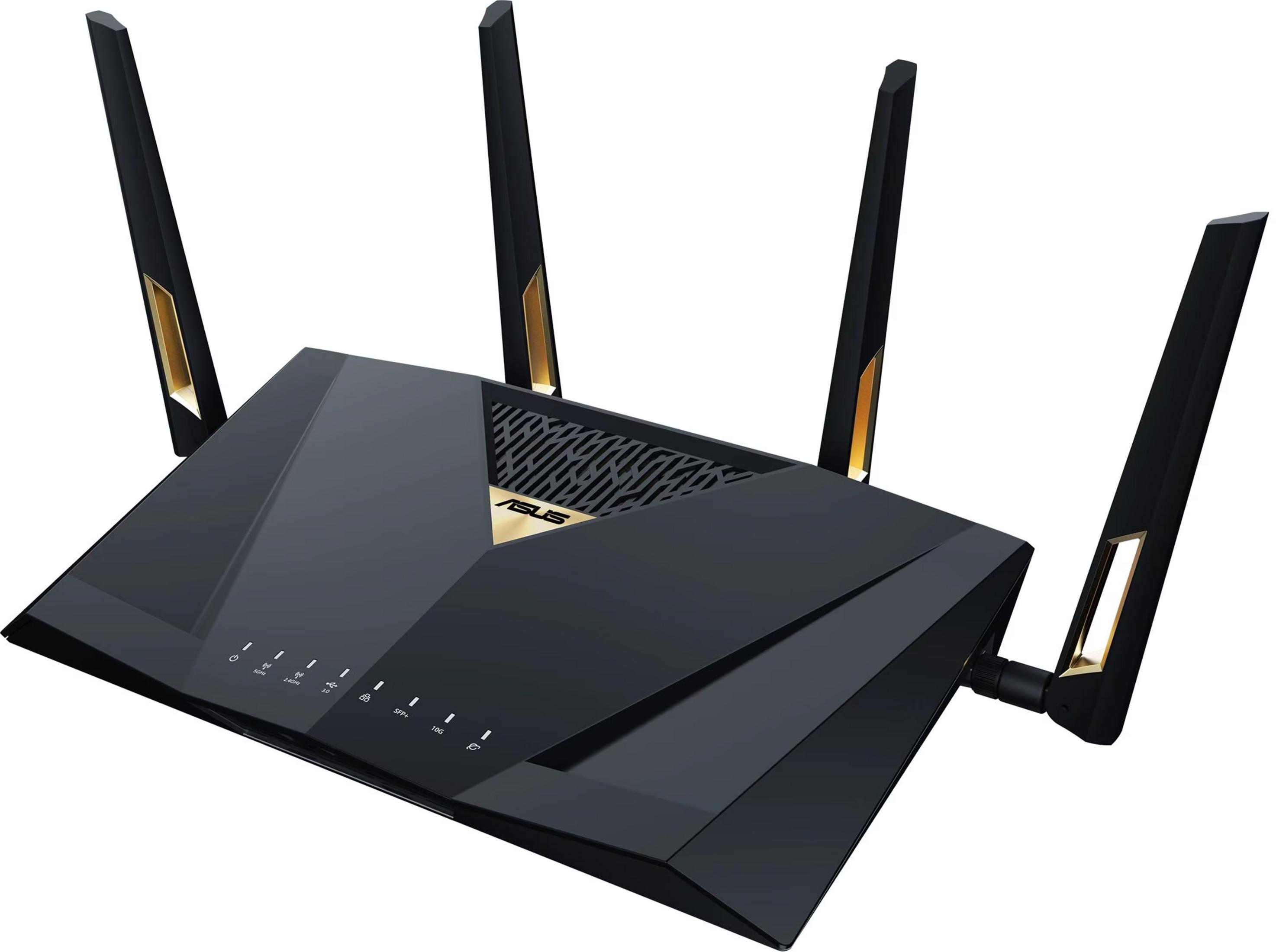 Schwarzer ASUS Router mit vier Antennen und goldenen Akzenten.