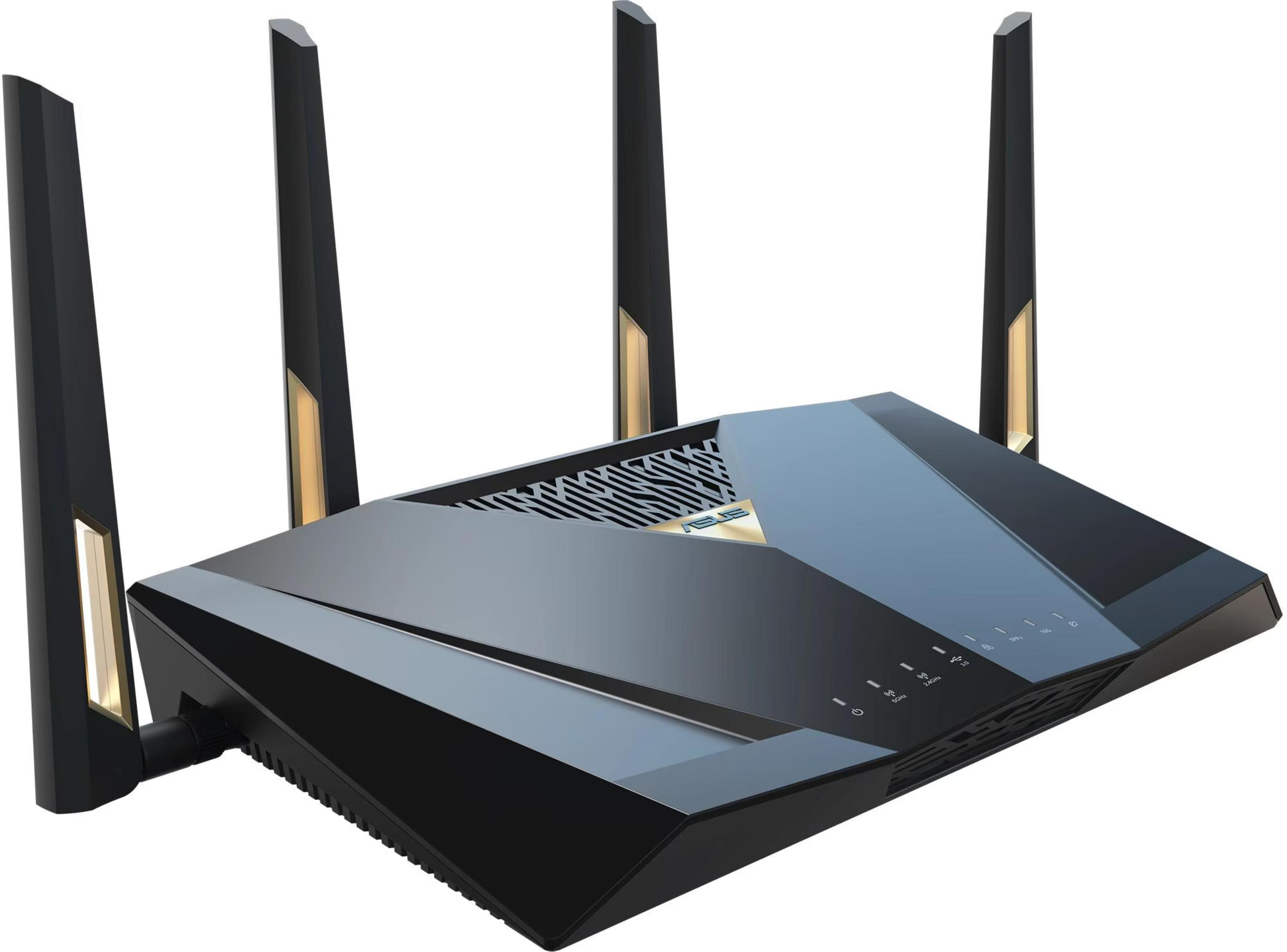 Ein schwarzer Router mit vier Antennen, der auf einem weißen Hintergrund steht.