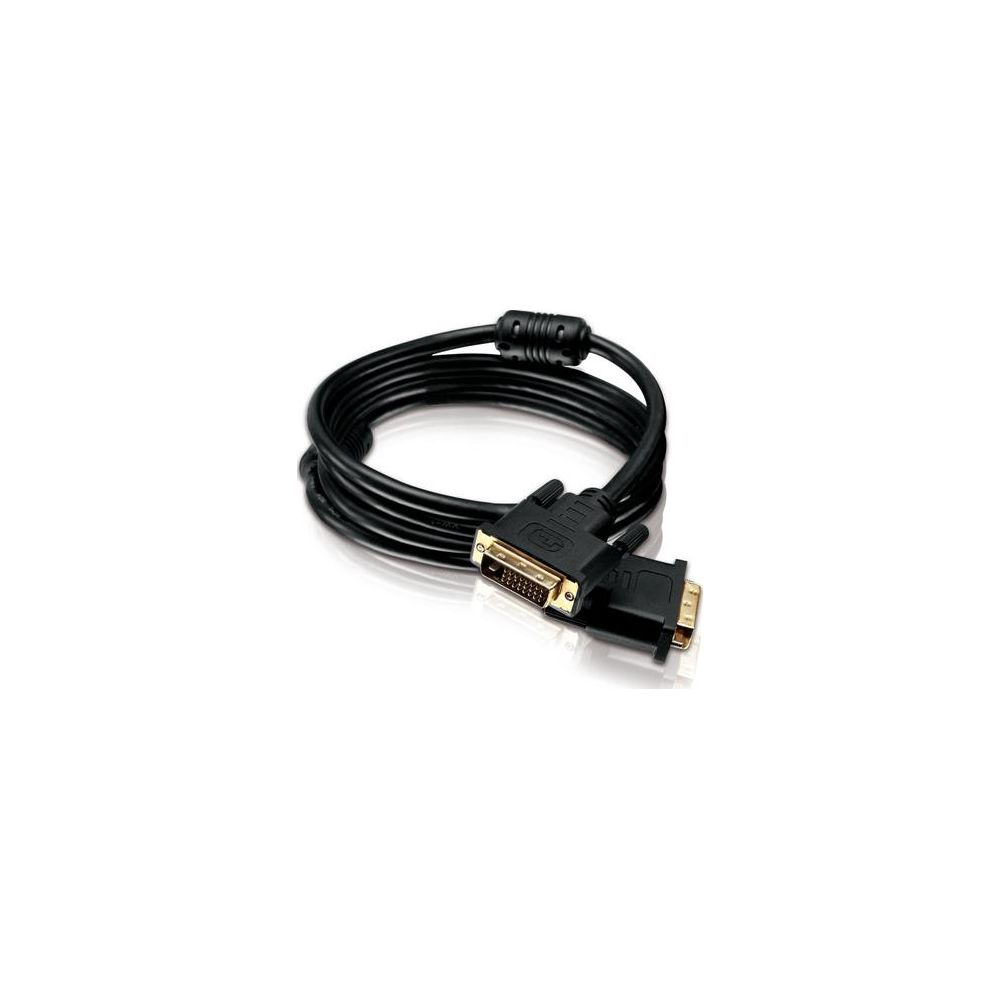 Ein schwarzes DVI-Kabel mit goldenen Anschlüssen auf weißem Hintergrund.