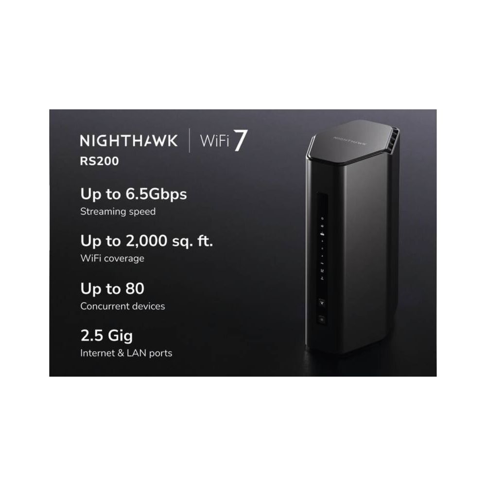 Czarny router Nighthawk RS200 WiFi 7 ze specyfikacjami, takimi jak prędkość 6,5 Gbps.