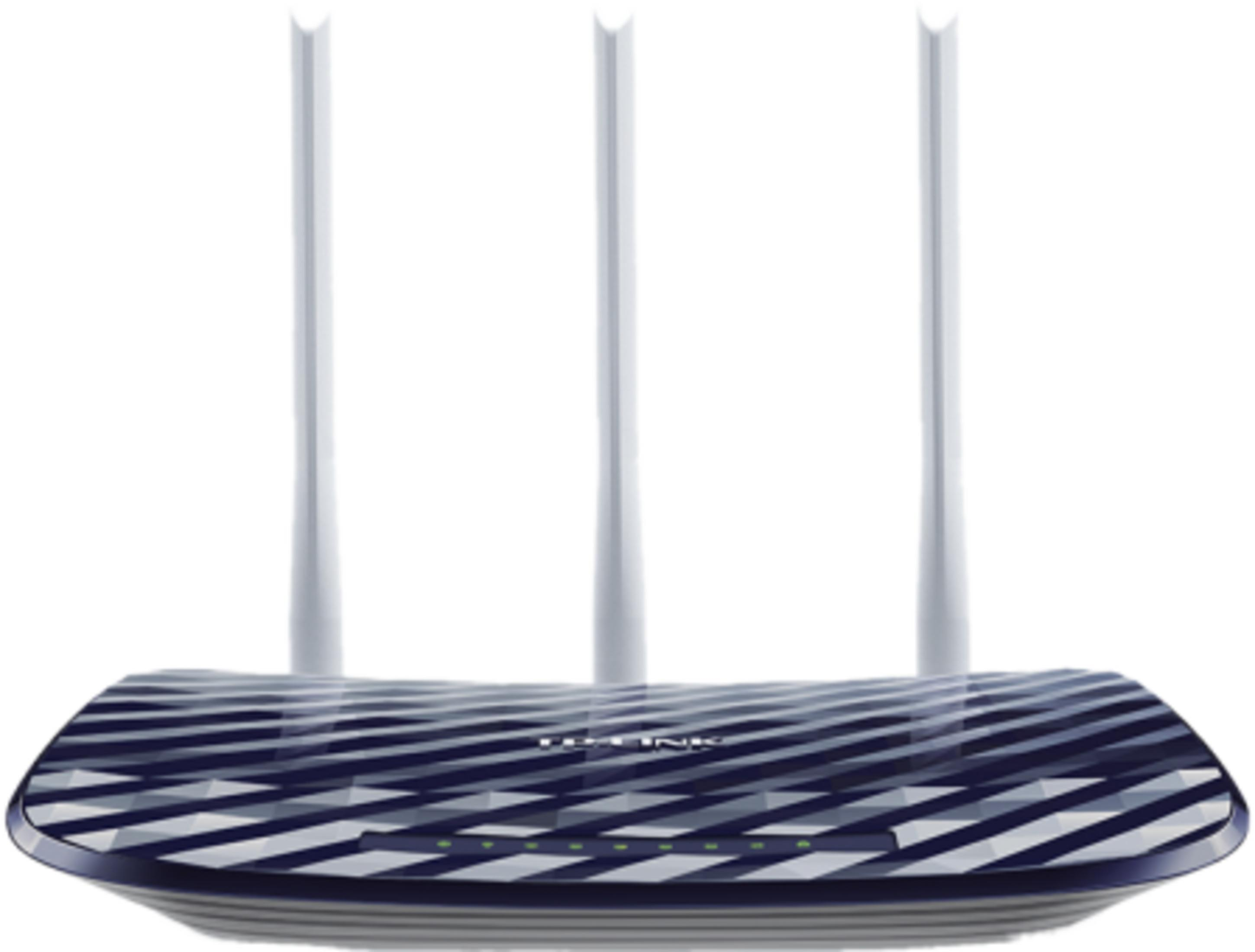 Niebiesko-biały router z trzema antenami i zielonymi lampkami.