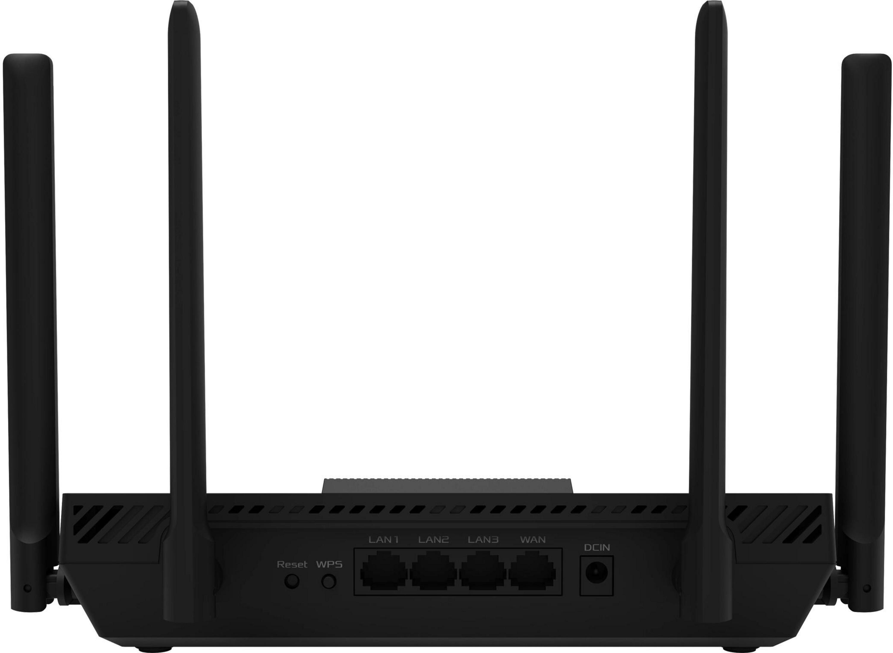 Czarny router z czterema antenami i portami: Reset, WPS, LAN, WAN, DCIN.
