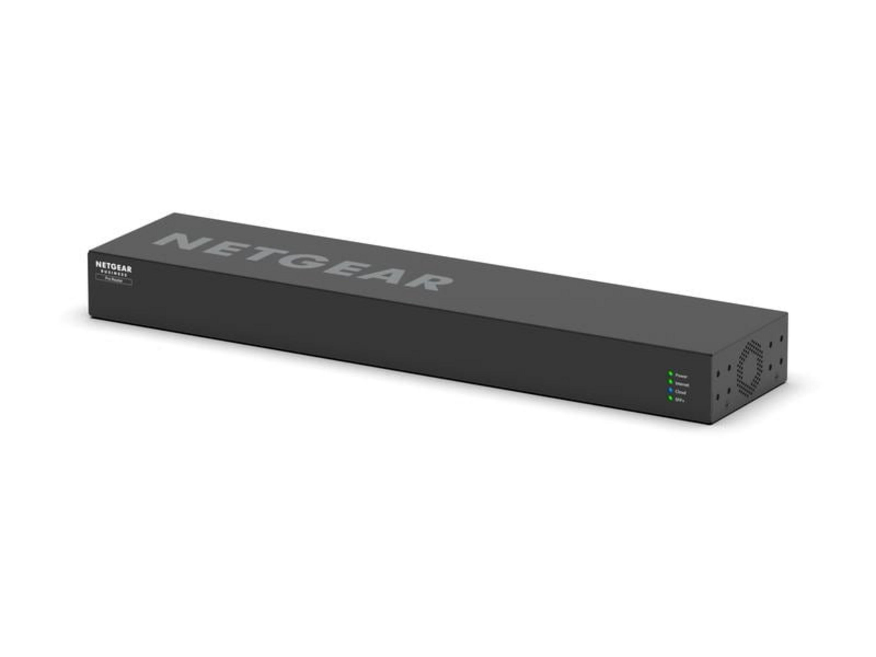 Ein schwarzes NETGEAR Business-Gerät mit Lüftungsschlitzen und Status-LEDs.