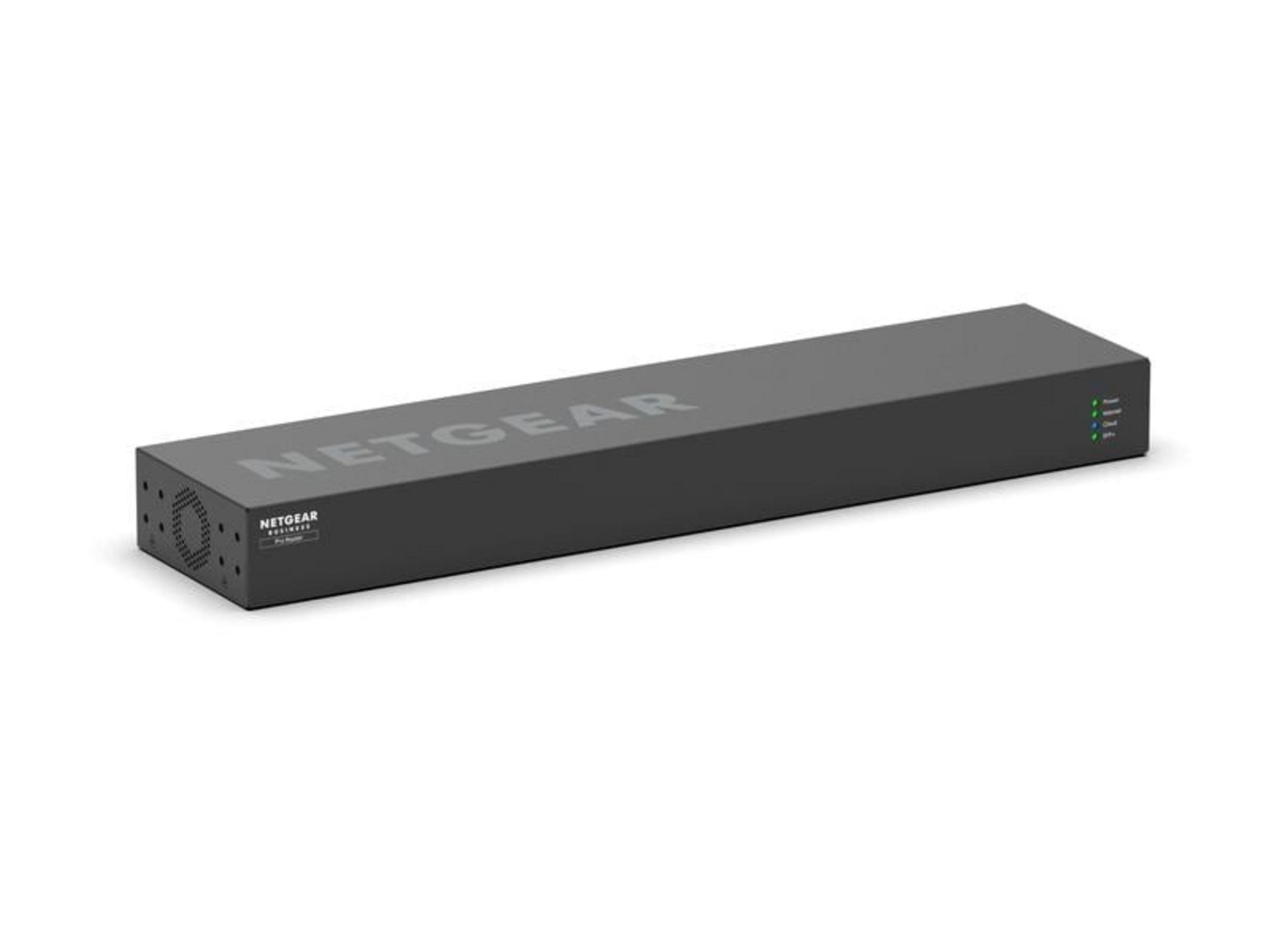 Ein schwarzer NETGEAR Pro Router mit grünen Status-LEDs.