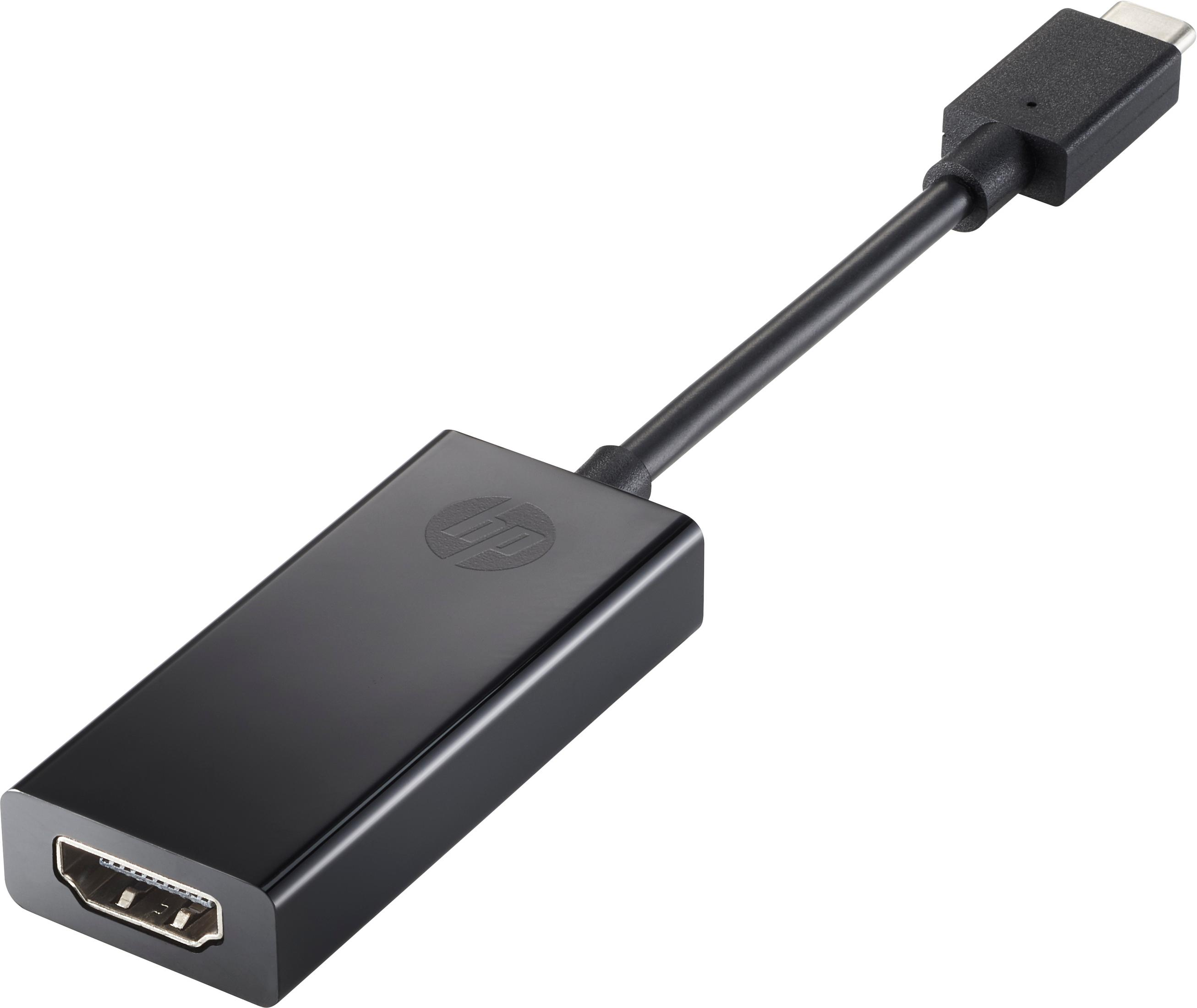 Adattatore HP USB-C a HDMI nero con cavo e connettori.