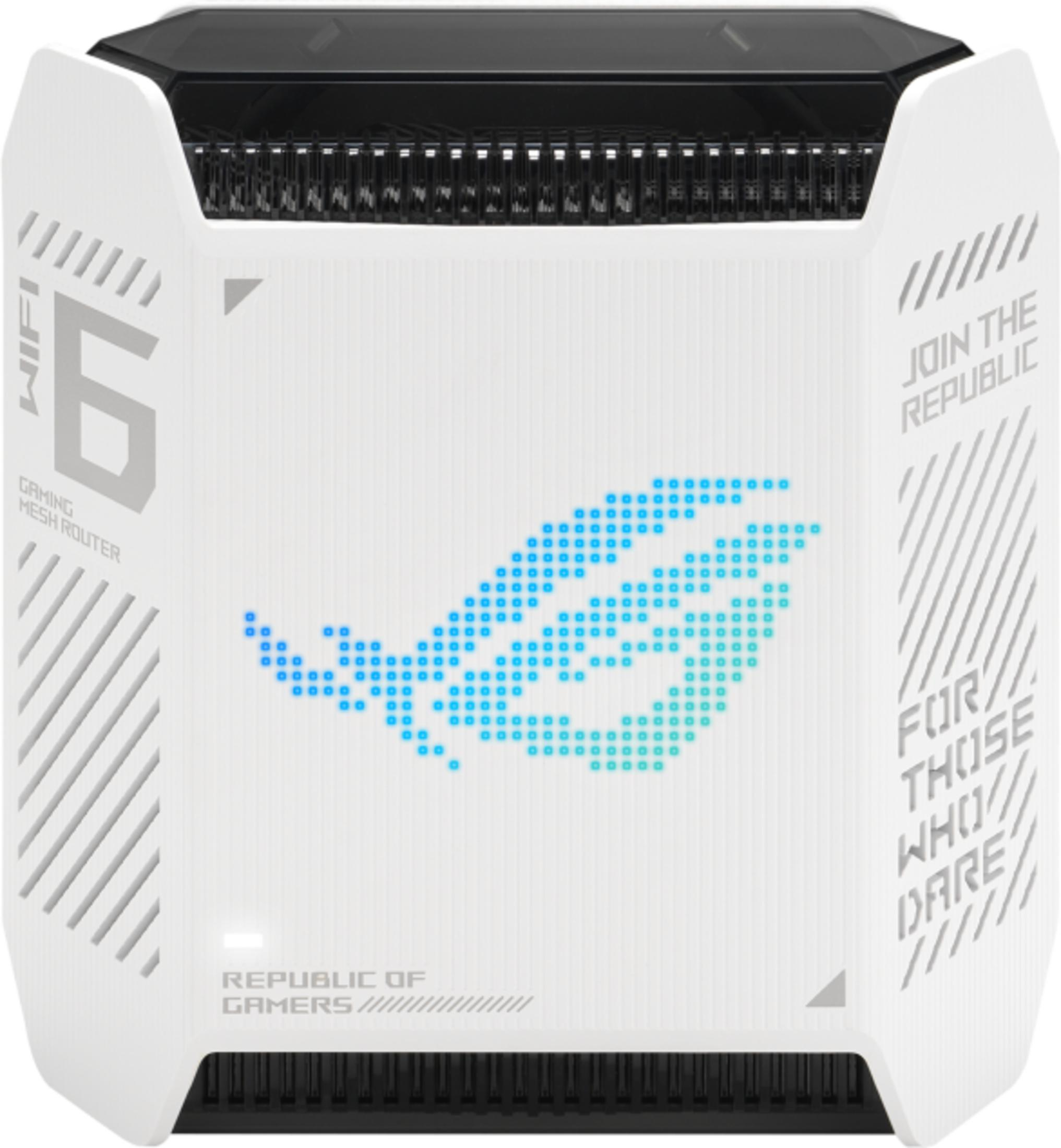 Weißer Gaming-Mesh-Router mit blau beleuchtetem Logo und Text.