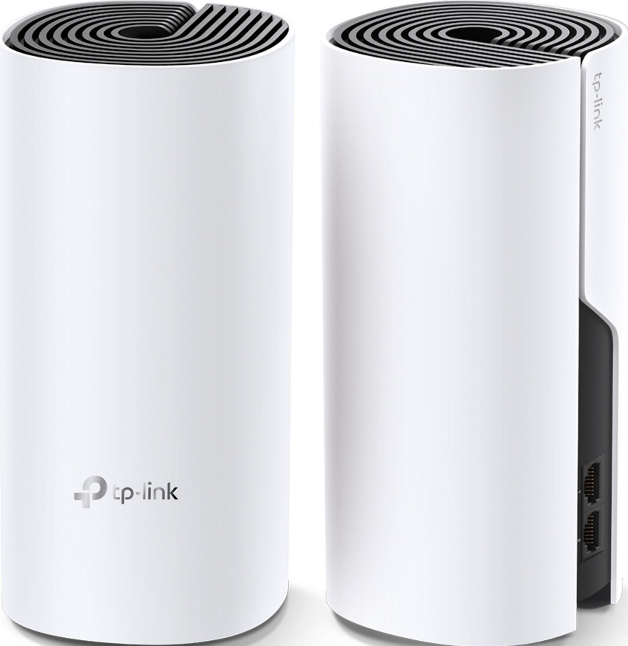 Zwei weiße TP-Link-Router nebeneinander mit Lüftungsschlitzen oben und Anschlüssen an der Seite.