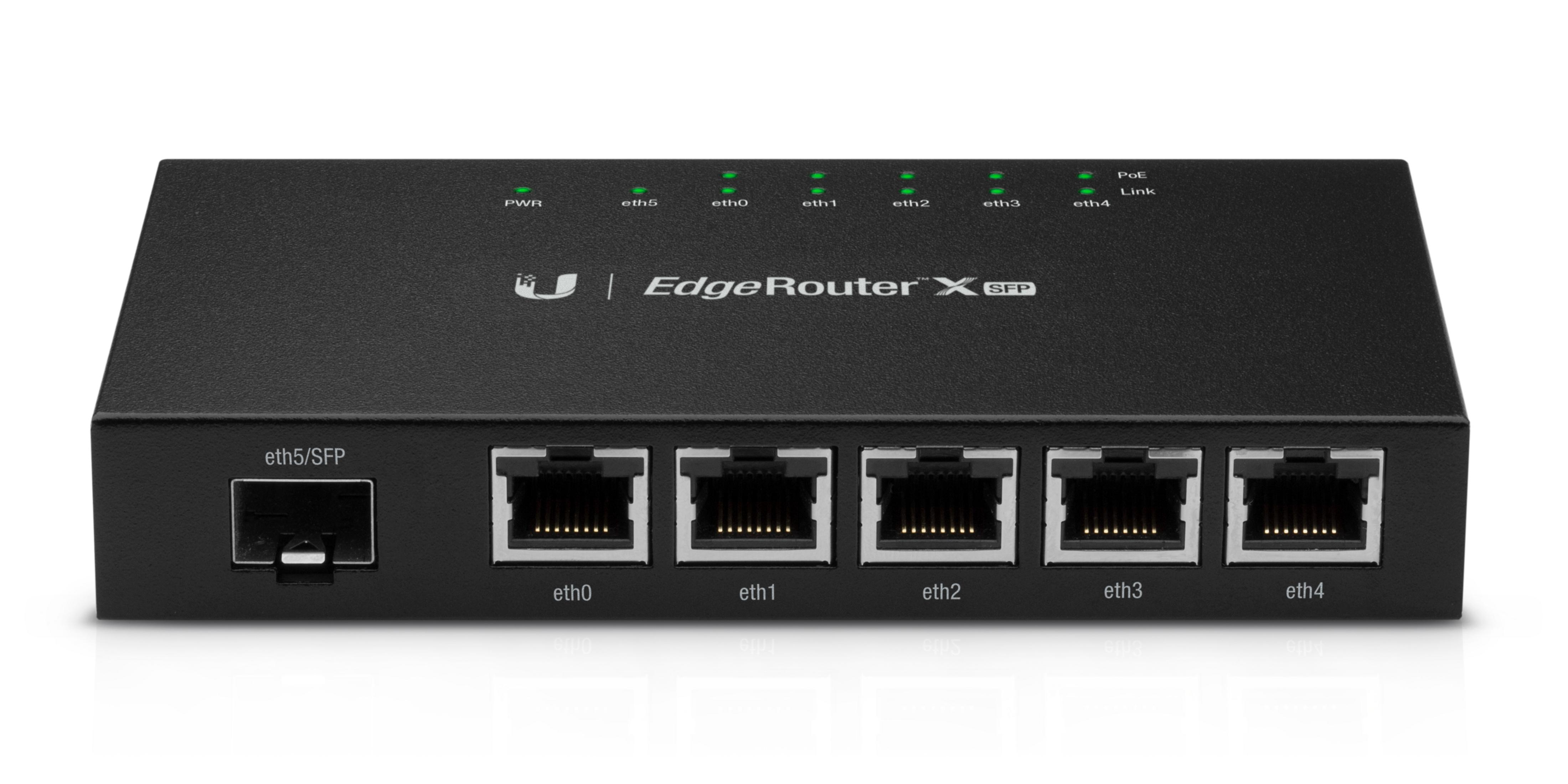 Czarny router z 5 portami Ethernet i jednym portem SFP. Zielone diody LED wskazują stan.