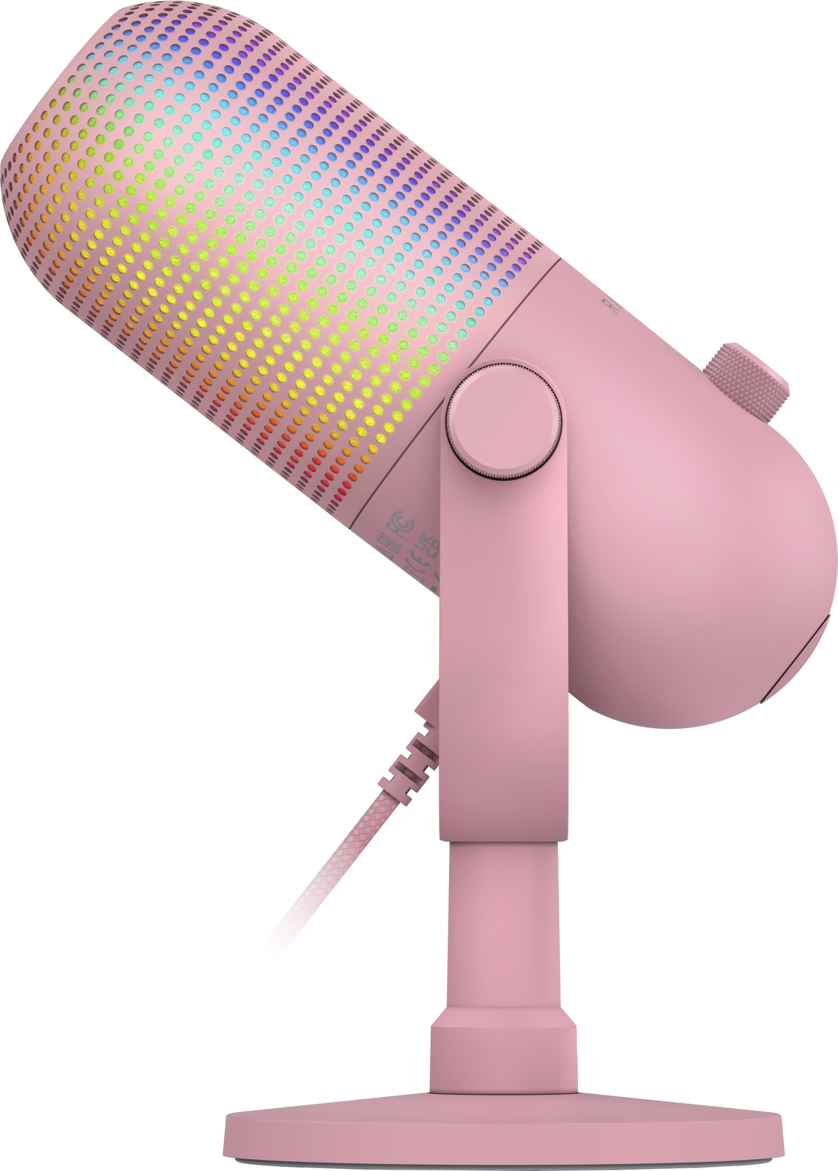 Ein rosafarbener Mikrofonständer mit RGB-Beleuchtung und einem Kabel.