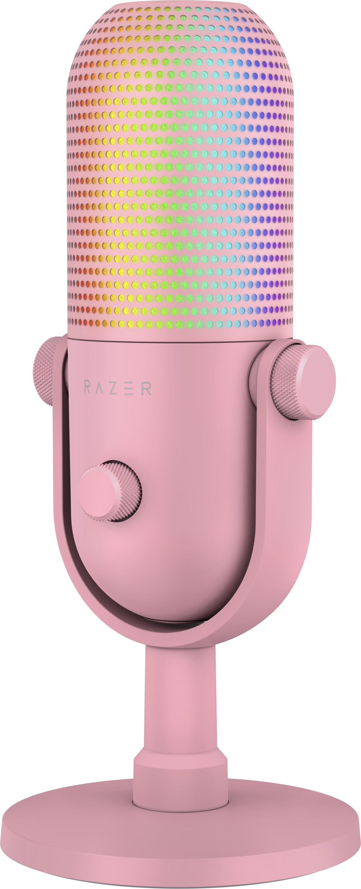 Ein rosafarbener Razer-Mikrofonständer mit einem Mikrofon, das in Regenbogenfarben leuchtet.