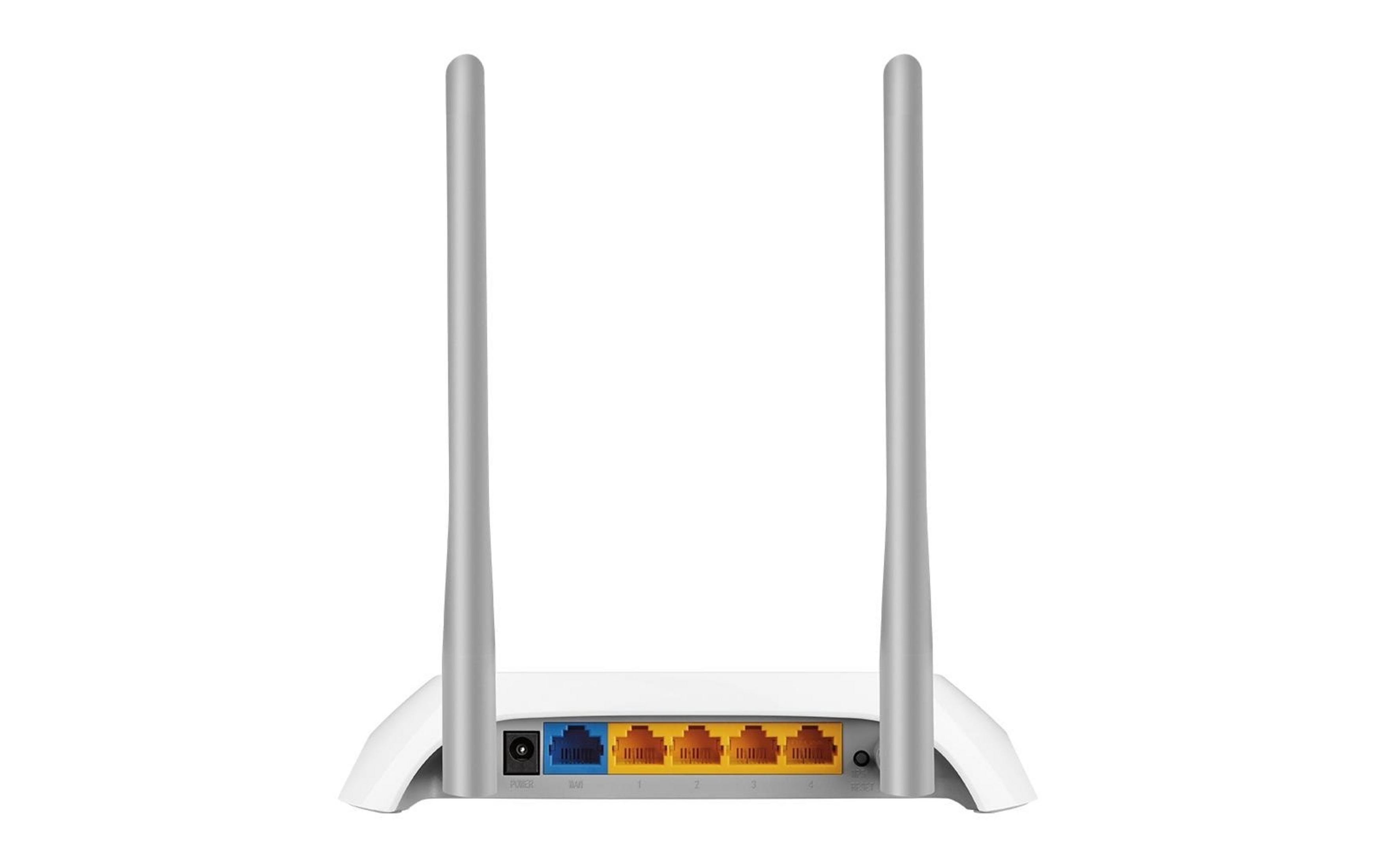 Ein weißer Router mit zwei silbernen Antennen. Anschlüsse auf der Rückseite.