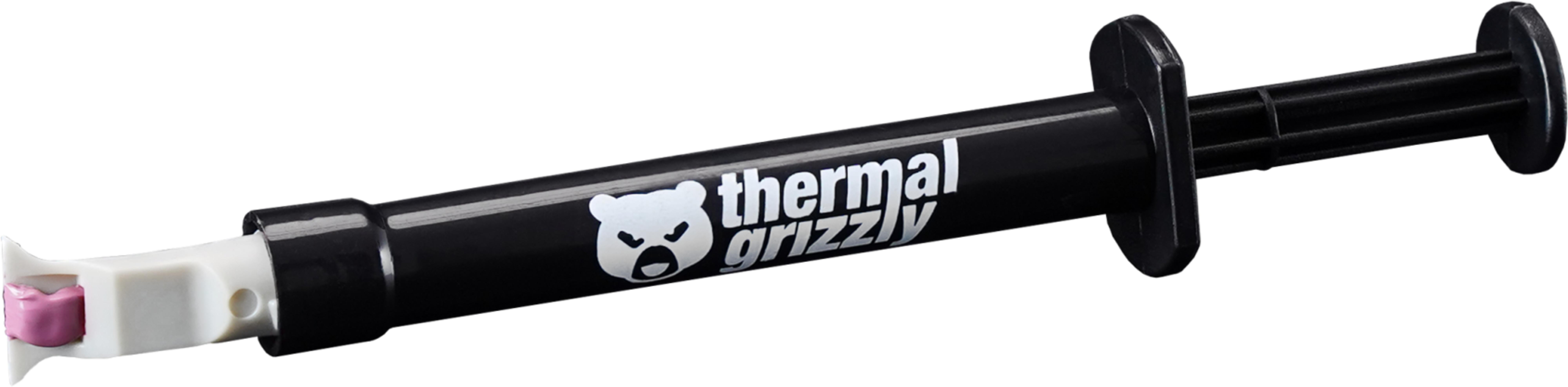 Eine schwarze Spritze mit Thermal Grizzly-Logo und rosa Paste.