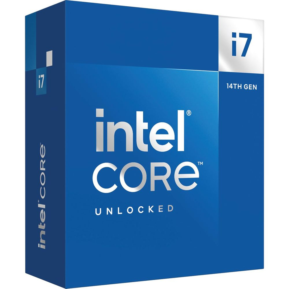 Pudełko procesora Intel Core i7 14. generacji, niebieskie z białym napisem.