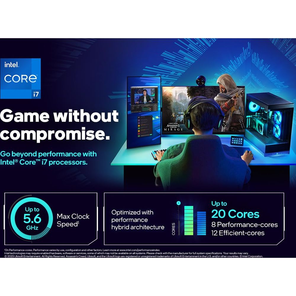 Zestaw PC Intel Core i7 z grającą osobą i specyfikacjami.