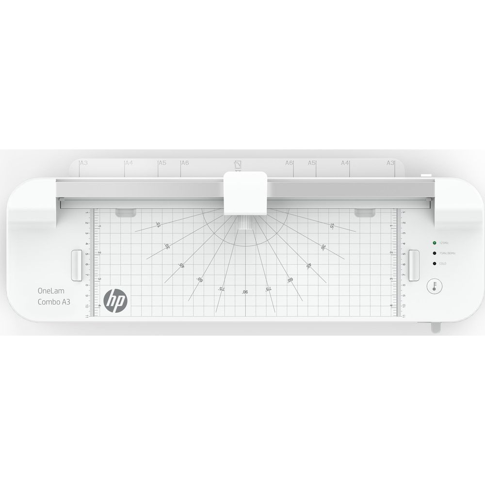 Biała laminarka z logo HP i oznaczeniami rozmiaru A3.