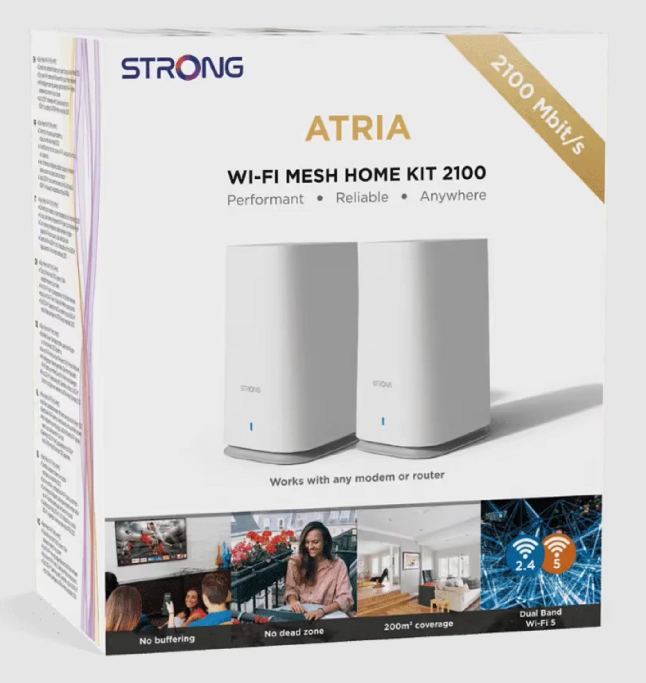 Verpackung des STRONG ATRIAs Wi-Fi Mesh Home Kit 2100 mit zwei weißen Geräten.