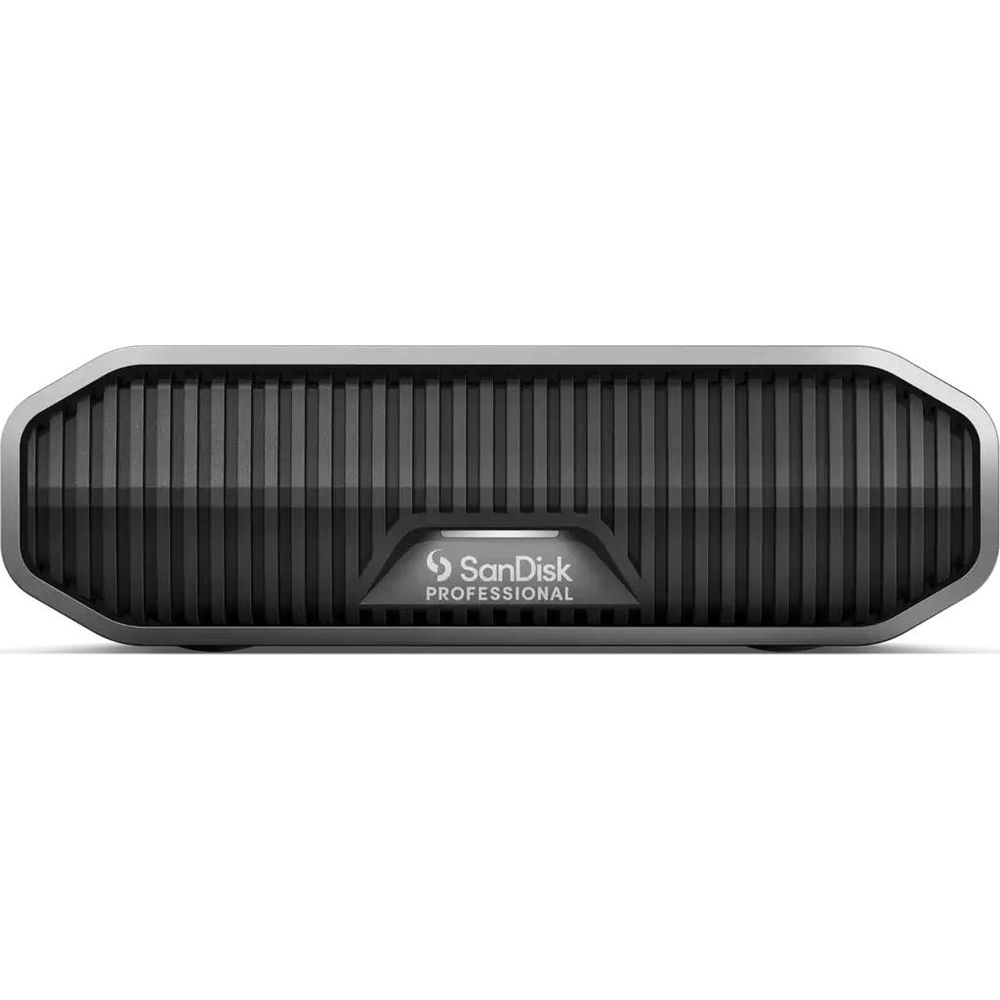 Szara zewnętrzna pamięć SanDisk Professional z pionowymi rowkami.