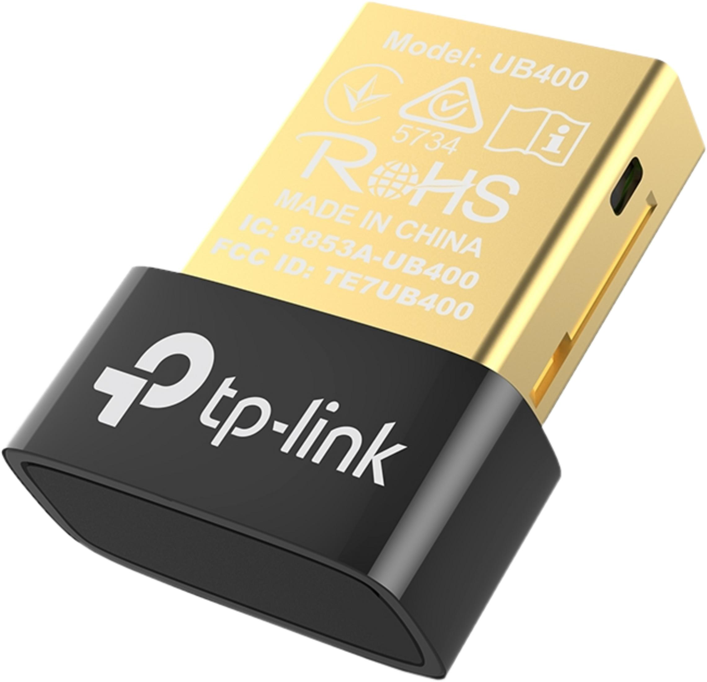 Złoty adapter USB TP-Link UB400 z czarną nasadką.