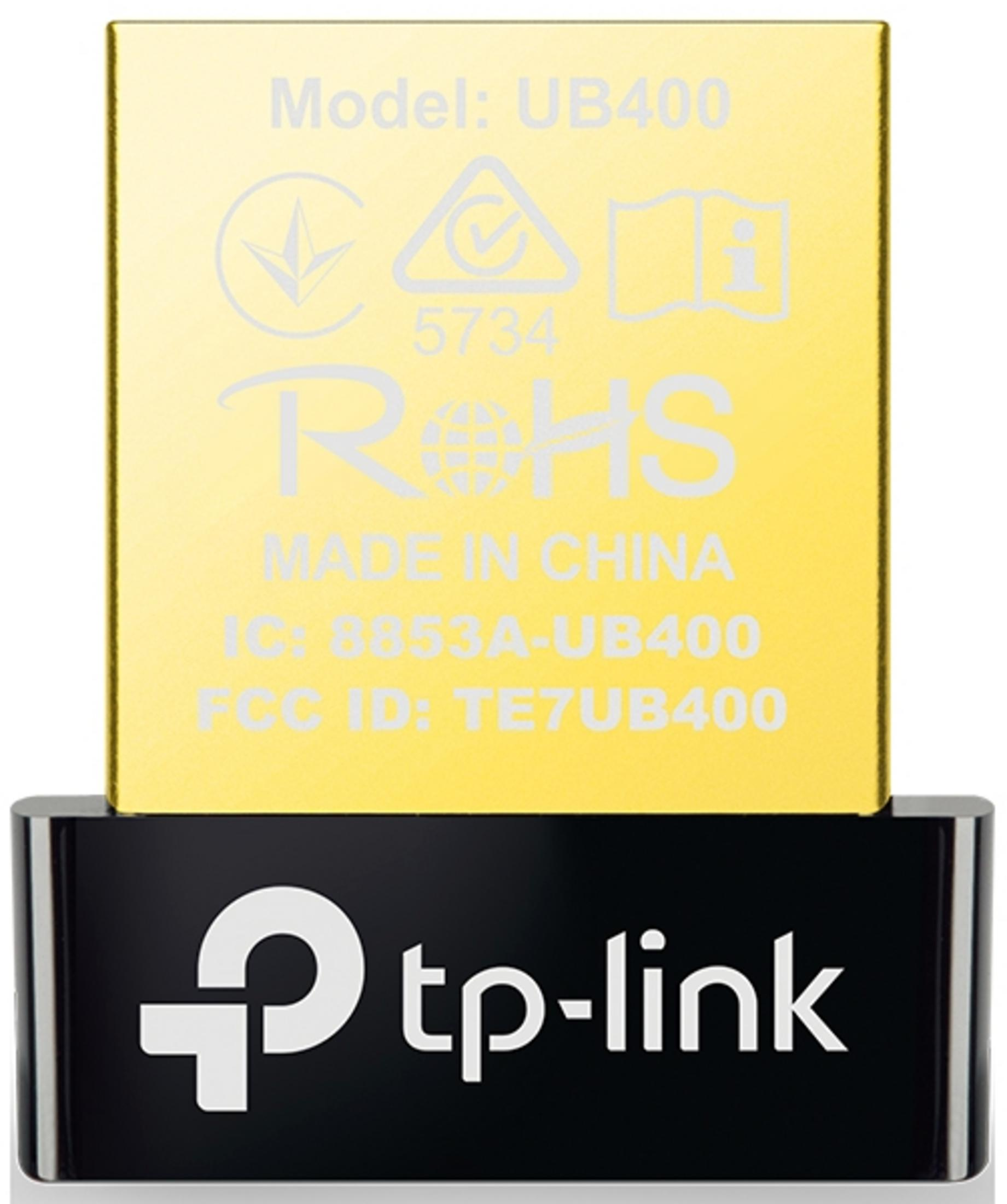 Złoty adapter Bluetooth TP-Link UB400 ze szczegółami modelu i identyfikatorem FCC.