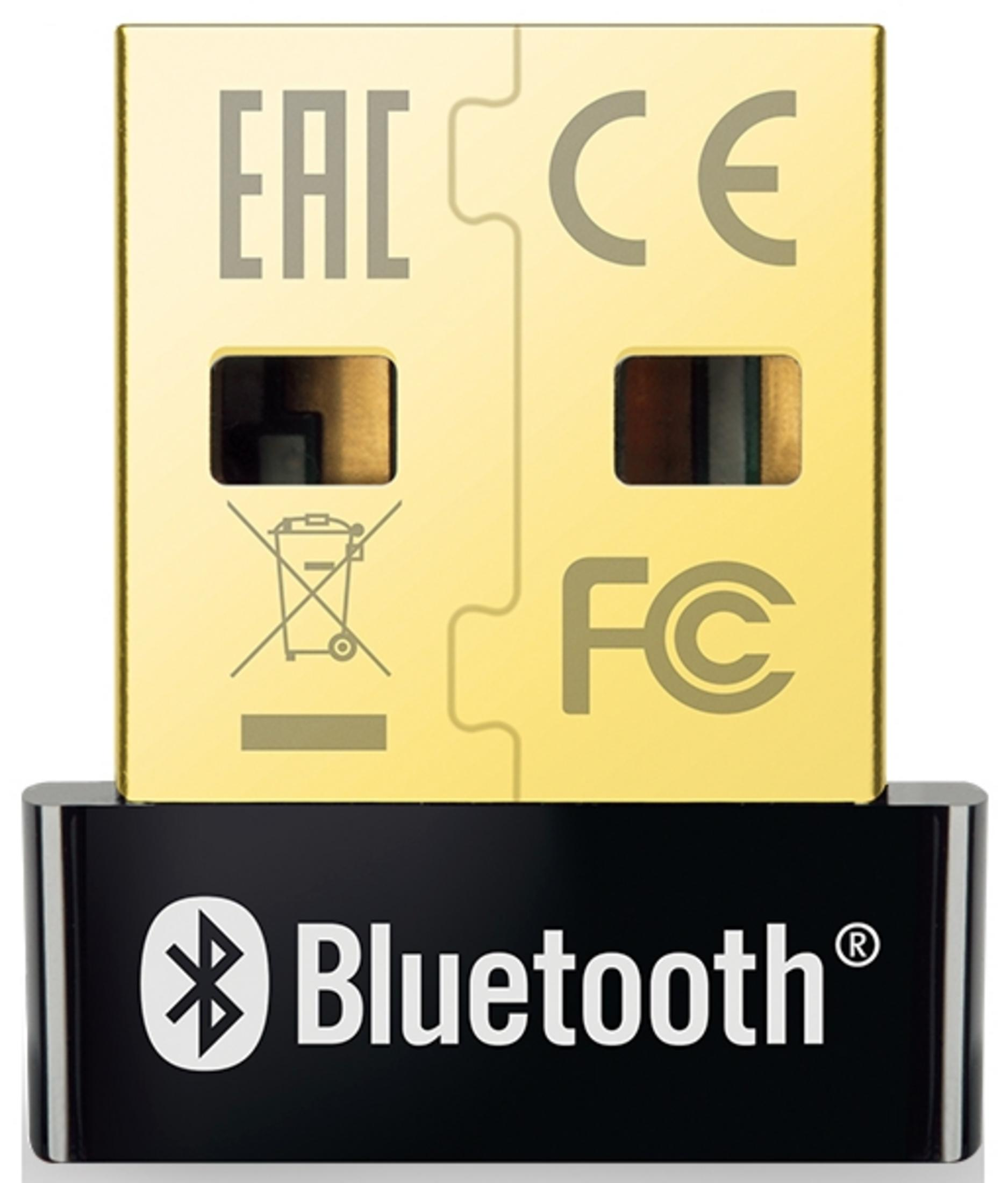 Złoty adapter Bluetooth USB z logo EAC, CE, FC i Bluetooth.