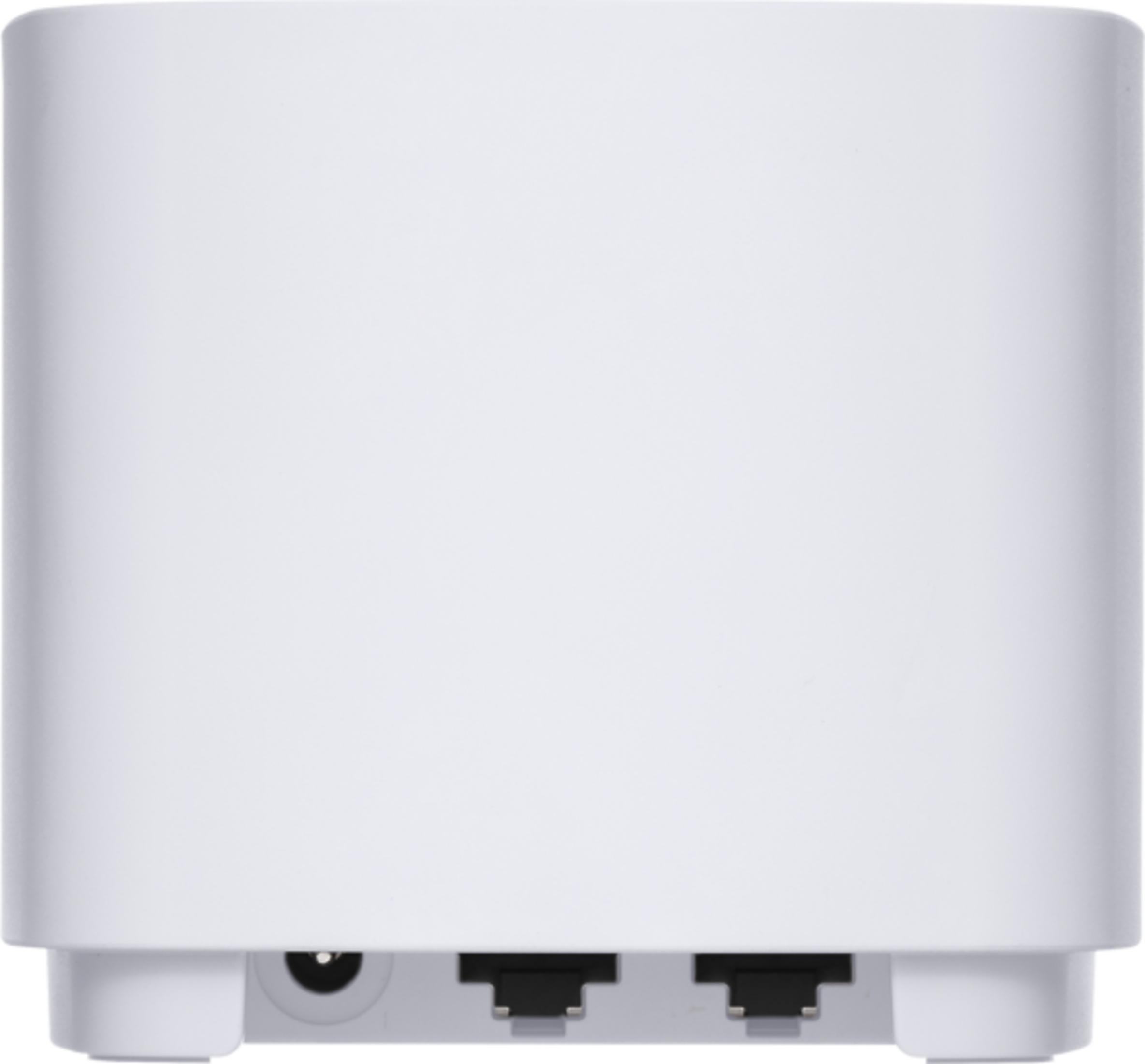 Weiße Router-Rückseite mit Stromanschluss und zwei Ethernet-Ports.