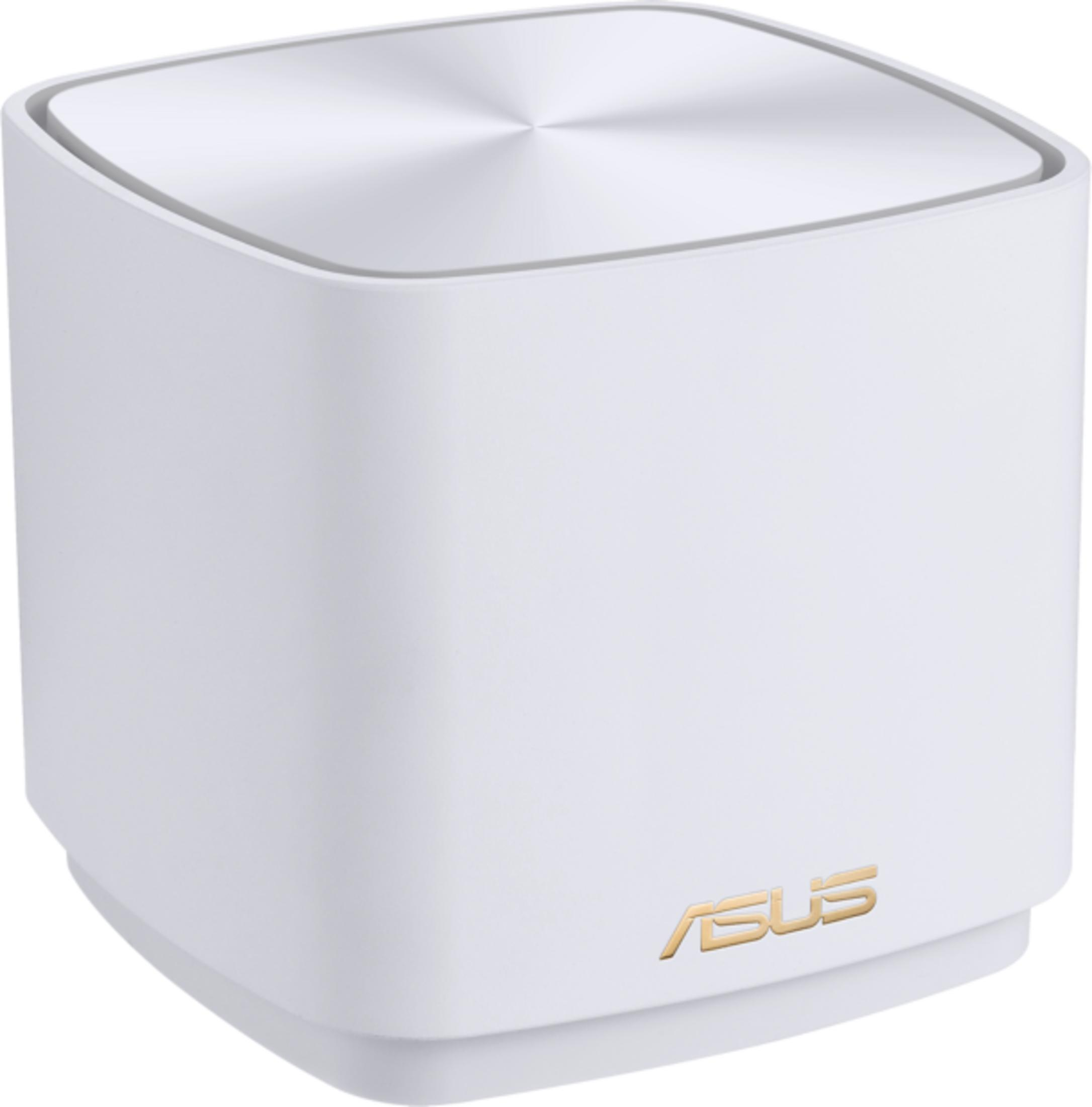 Ein weißer Asus-Router mit einem metallischen, kreisförmigen Muster auf der Oberseite.