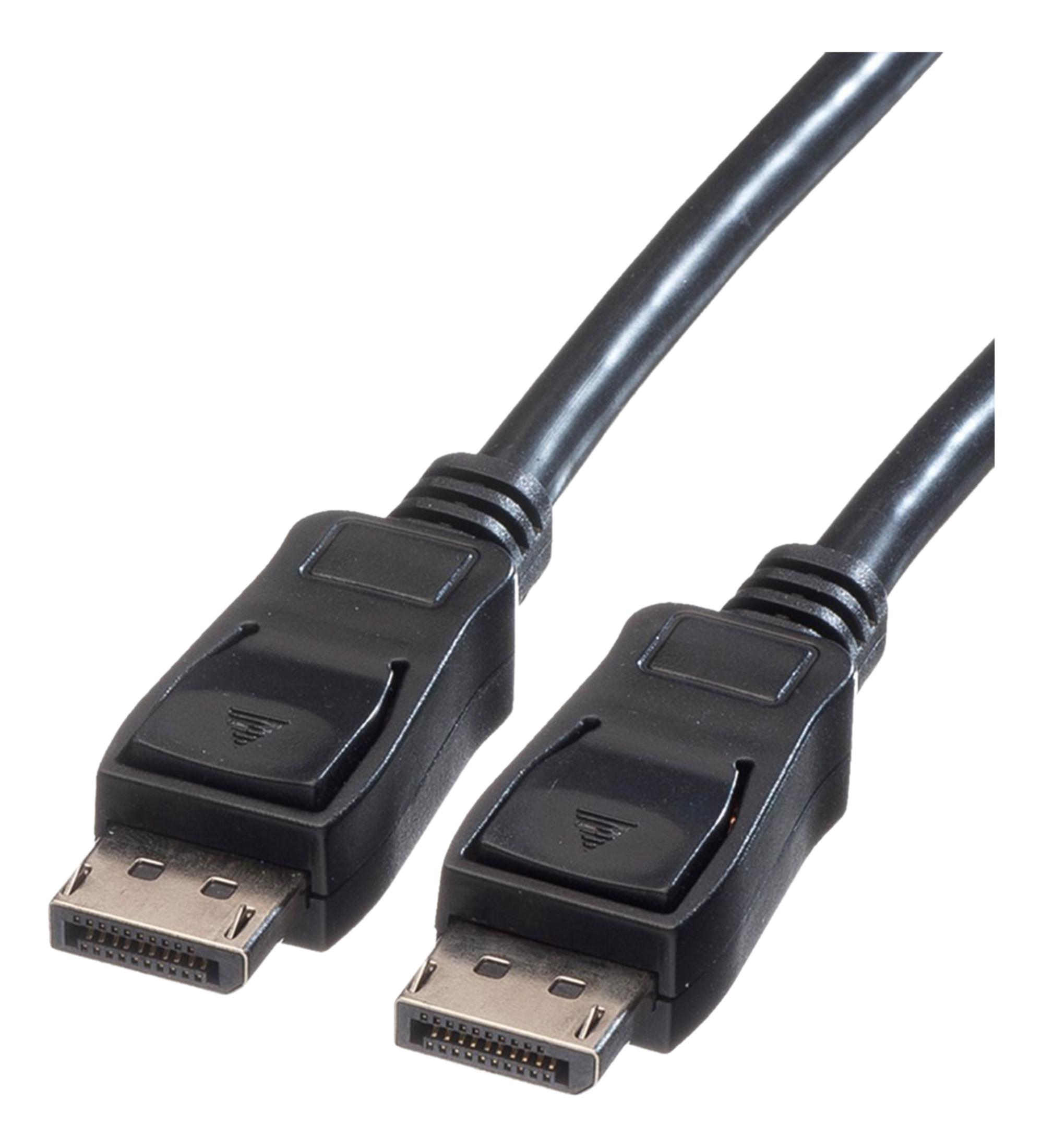 Een zwarte DisplayPort-kabel met twee connectoren op witte achtergrond.