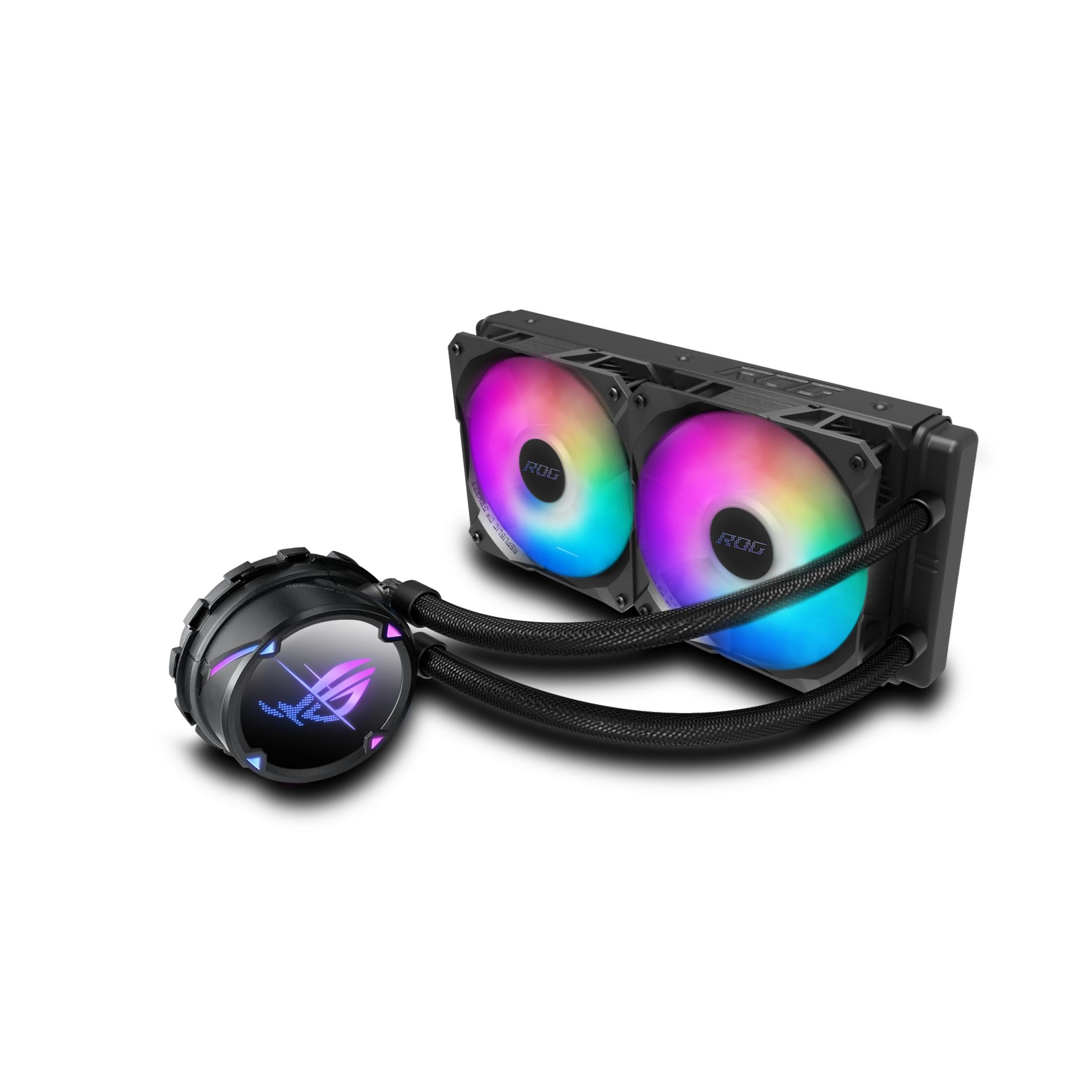 Un dissipatore CPU nero con due ventole RGB e un alloggiamento pompa rotondo.